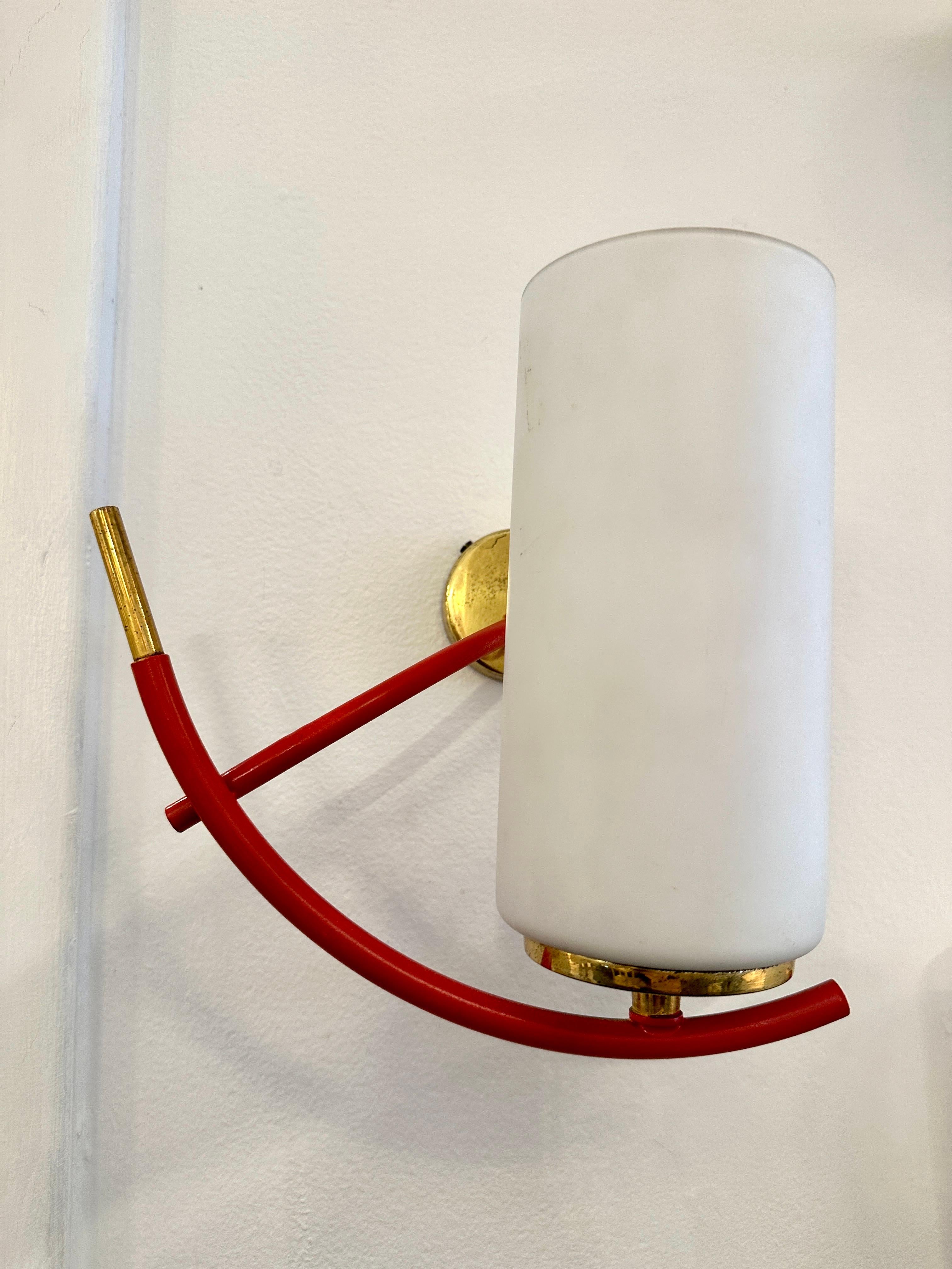 Mid-20th Century Maison Arlus Red Sconces w/ Brass & Cylinder Opaline Shades Art Deco, Pair For Sale