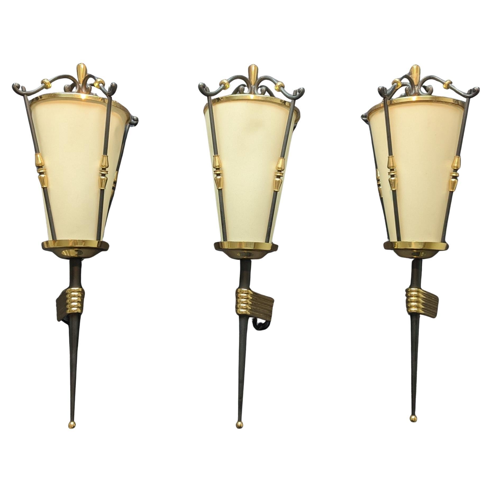 Maison Arlus, set of 3 Wall Sconces Lanterns Torchères