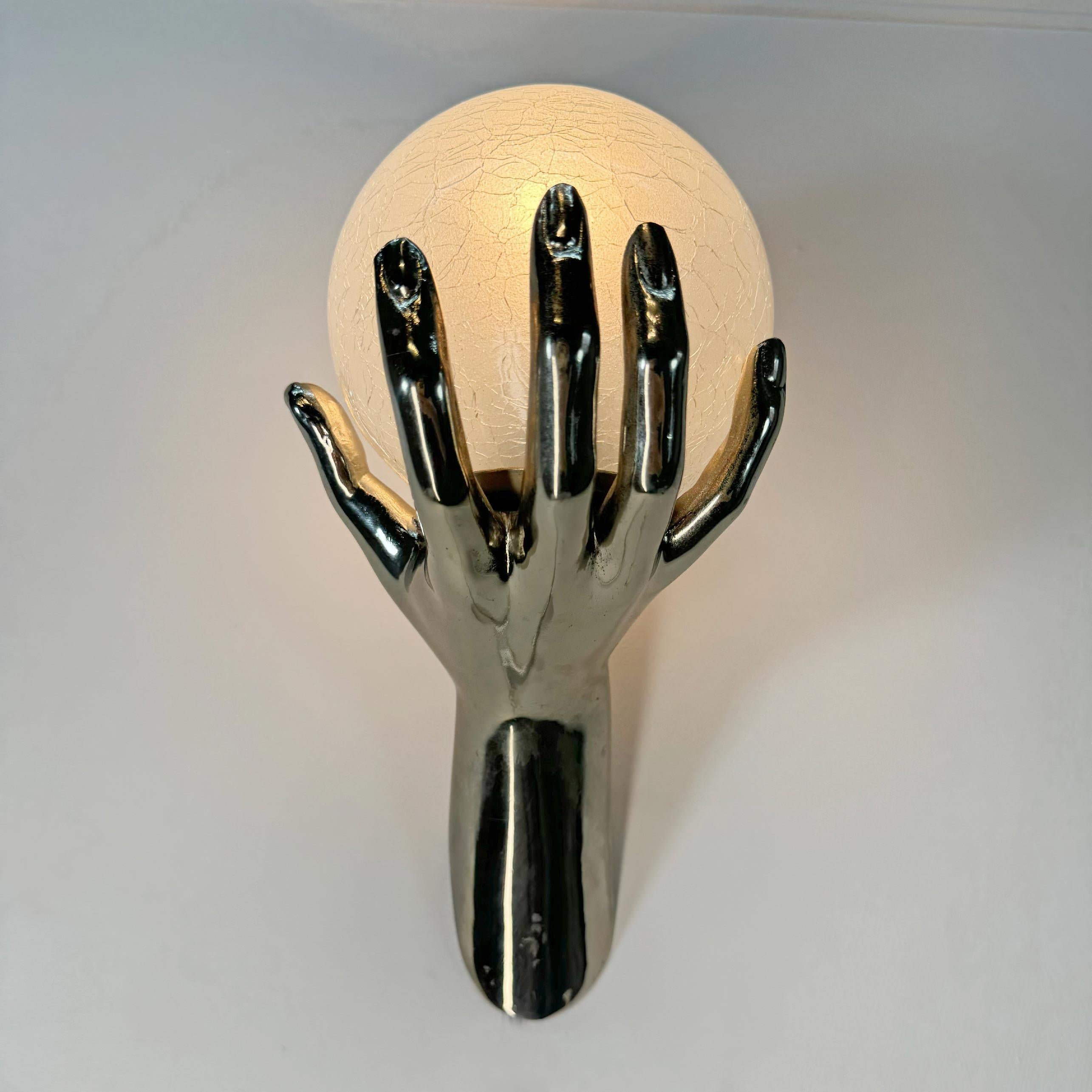 Hand-Crafted Maison Arlus Silver Gilt Bronze Hand Wall Sconce France 1970's For Sale