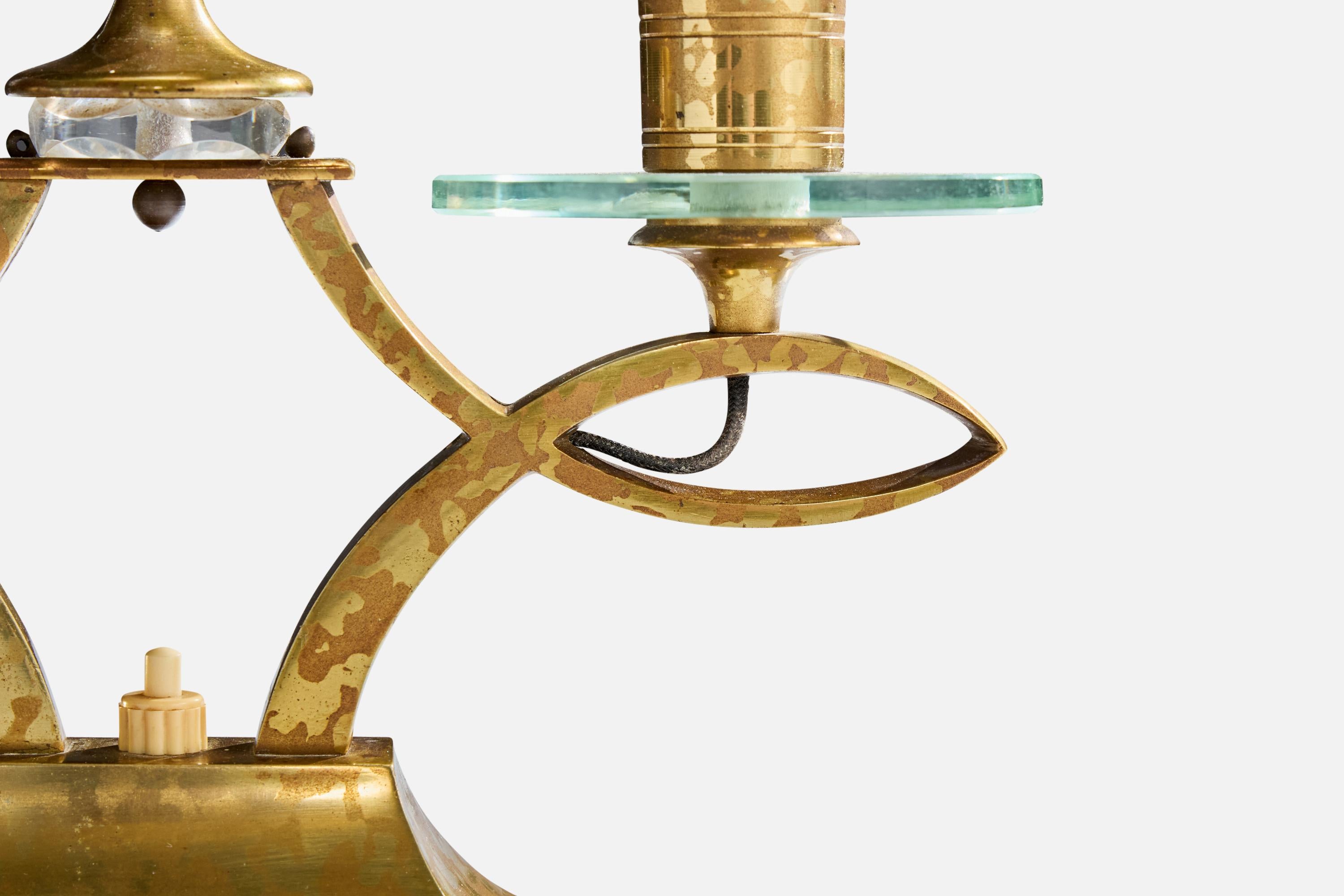Maison Arlus, lampes de table, laiton, verre, tissu, France, années 1950 en vente 3