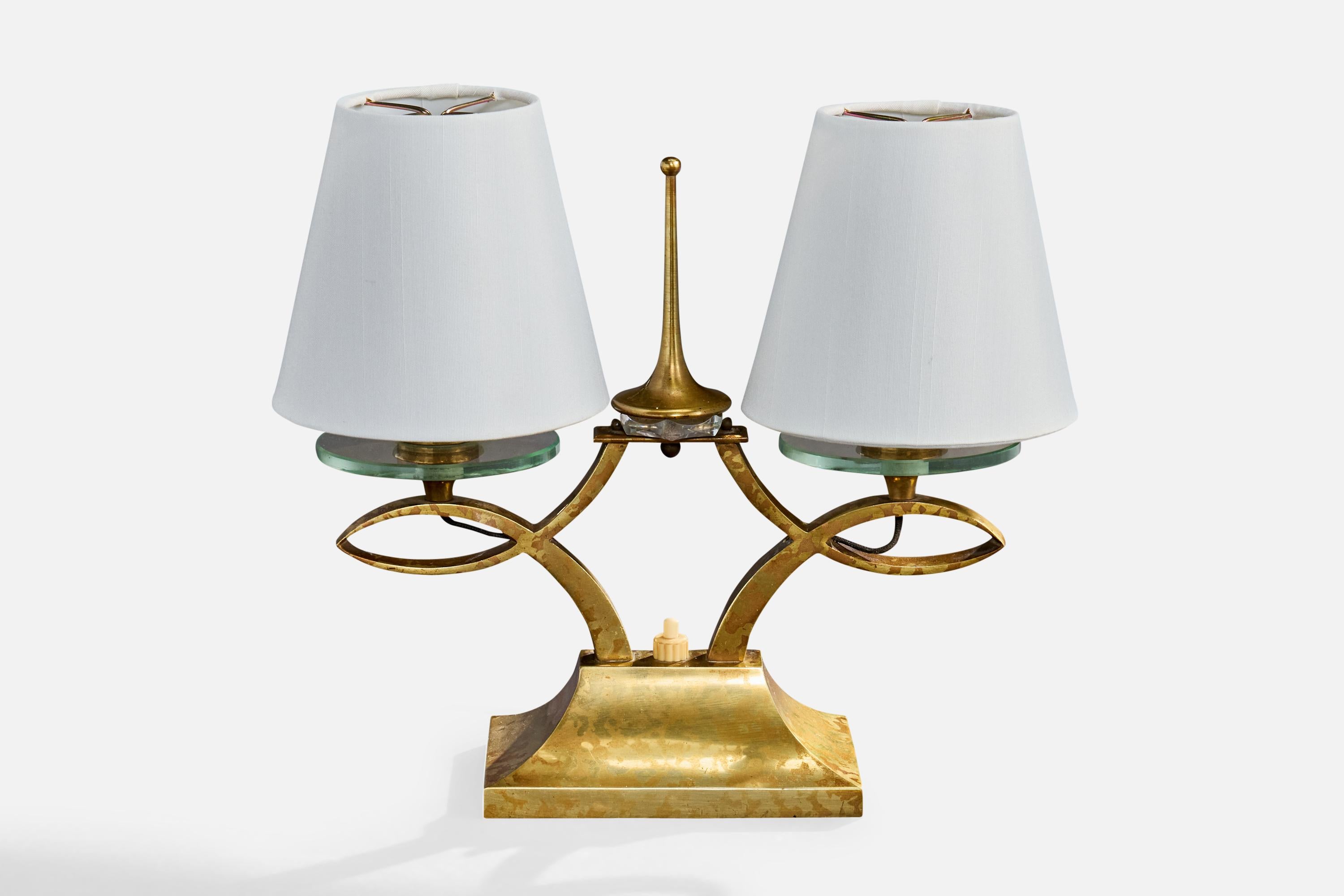 Français Maison Arlus, lampes de table, laiton, verre, tissu, France, années 1950 en vente