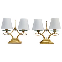 Maison Arlus, lampes de table, laiton, verre, tissu, France, années 1950
