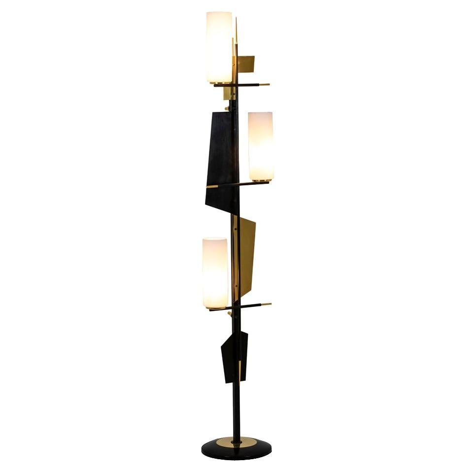 Maison Arlus, Three-Light Floor Lamp in Lacquered Metal and Brass, 1960's