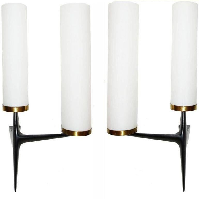Superb sconces by Maison Arlus, light come through two opaline tube, very soft and nice light. US rewired and in working condition two lights, 40 watts max bulb. Two pairs available. Documented (last picture)
 
