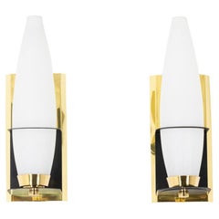 Maison Arlus, Wall Sconces in Brass, Metal and Opaline, 1950s