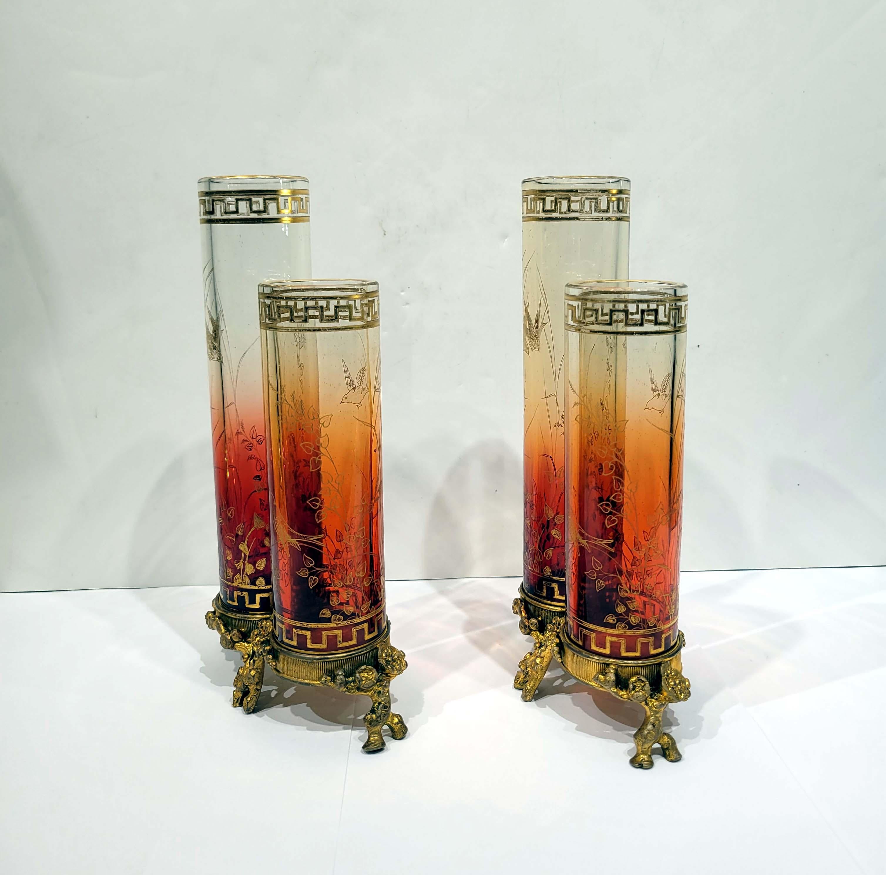 French Maison Baccarat Pair of Japonisme Ormolu Mounted Double Vases