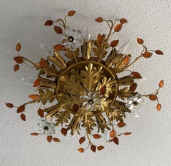 Maison Baguè Gilt Wrought Iron Crystal Nine-Light Flush Mount France, 1940s