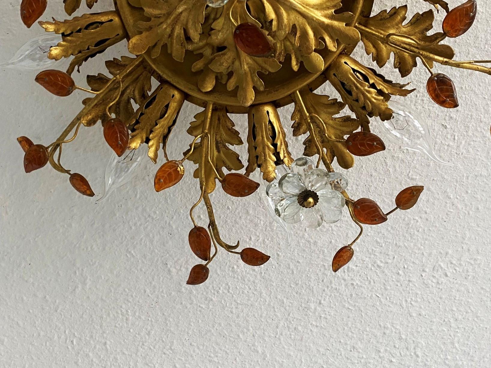 Maison Baguè Gilt Wrought Iron Crystal Nine-Light Flush Mount France, 1940s For Sale 5