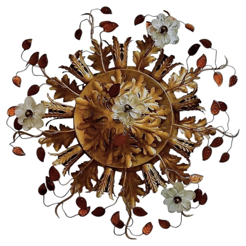 Maison Baguè Gilt Wrought Iron Crystal Nine-Light Flush Mount France, 1940s