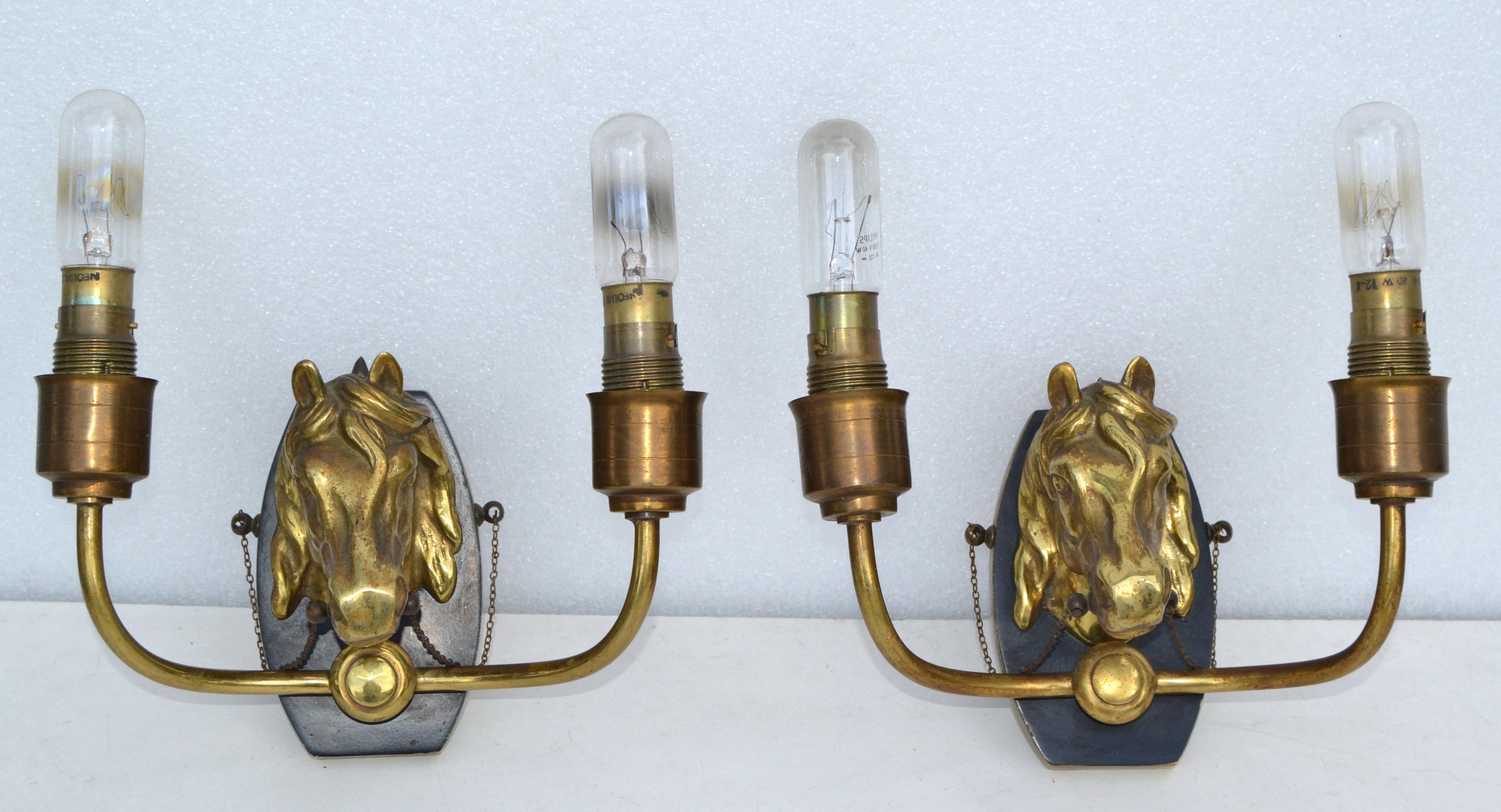 Maison Baguès 2 Arm Horse Head Sconces Wall Lights French Neoclassical 1950 Pair 5