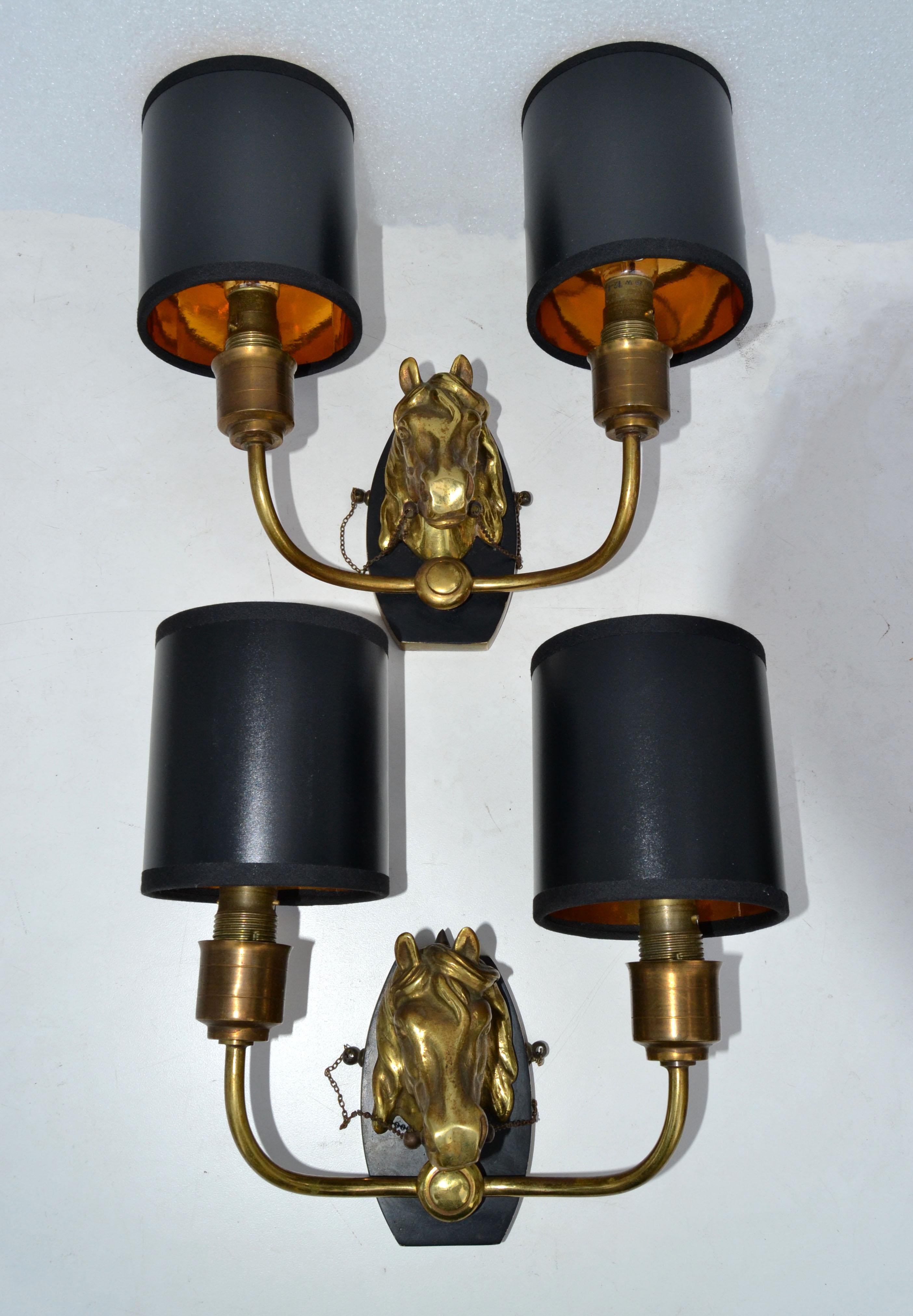 Brass Maison Baguès 2 Arm Horse Head Sconces Wall Lights French Neoclassical 1950 Pair