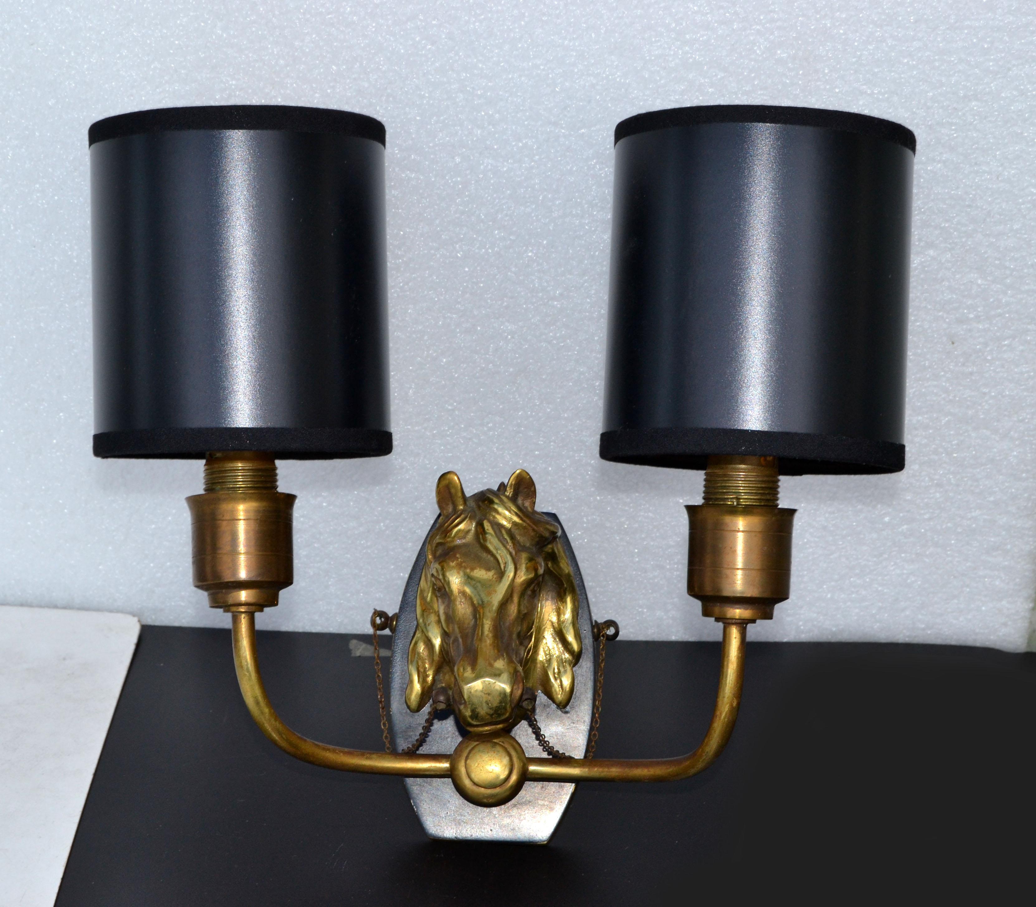 Maison Baguès 2 Arm Horse Head Sconces Wall Lights French Neoclassical 1950 Pair 3