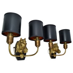 Maison Baguès 2 Arm Horse Head Sconces Wall Lights French Neoclassical 1950 Pair