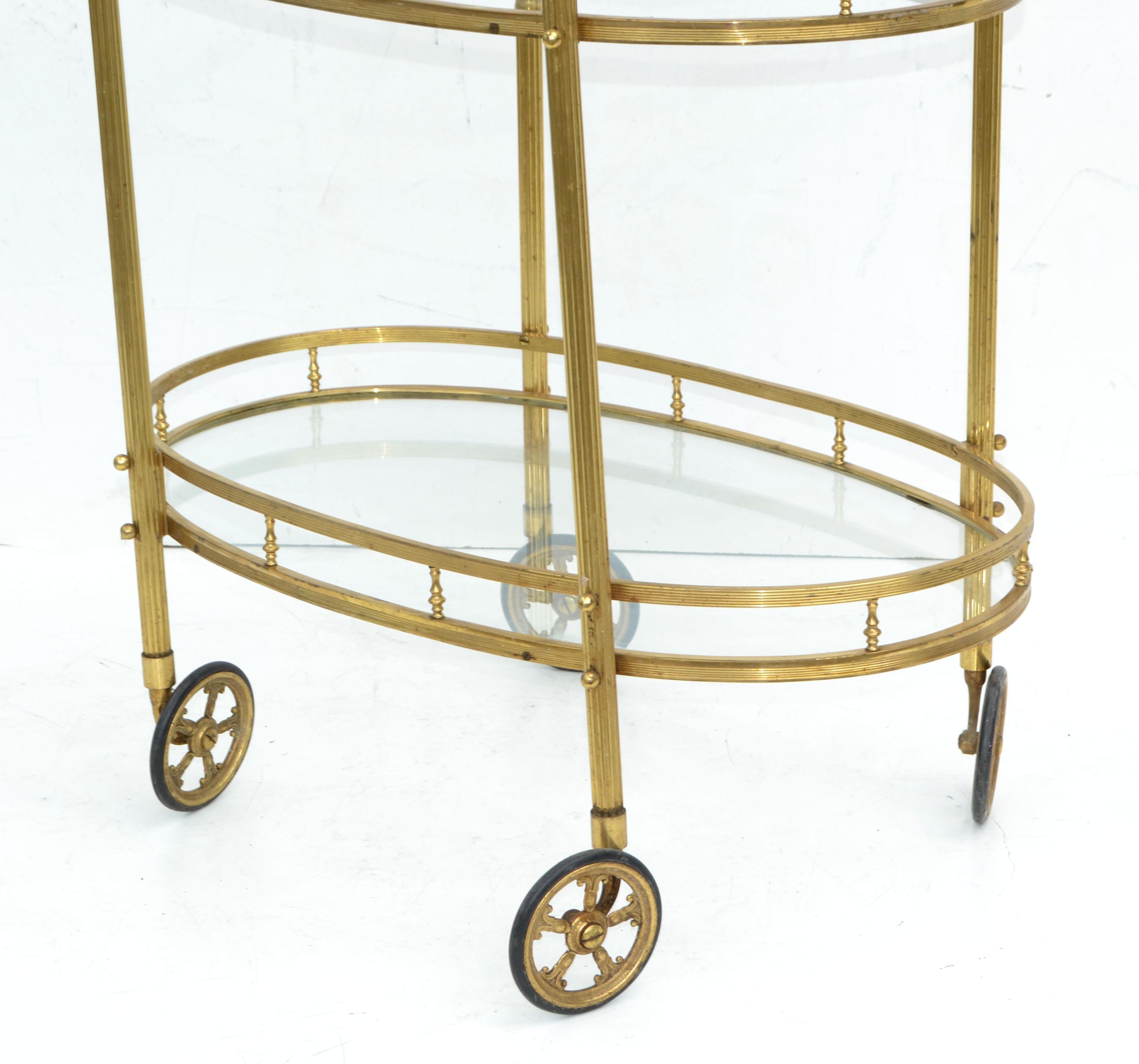 Maison Bagués 2 Tier Oval Brass & Glass Bar Cart Mid-Century Modern France 1950 1