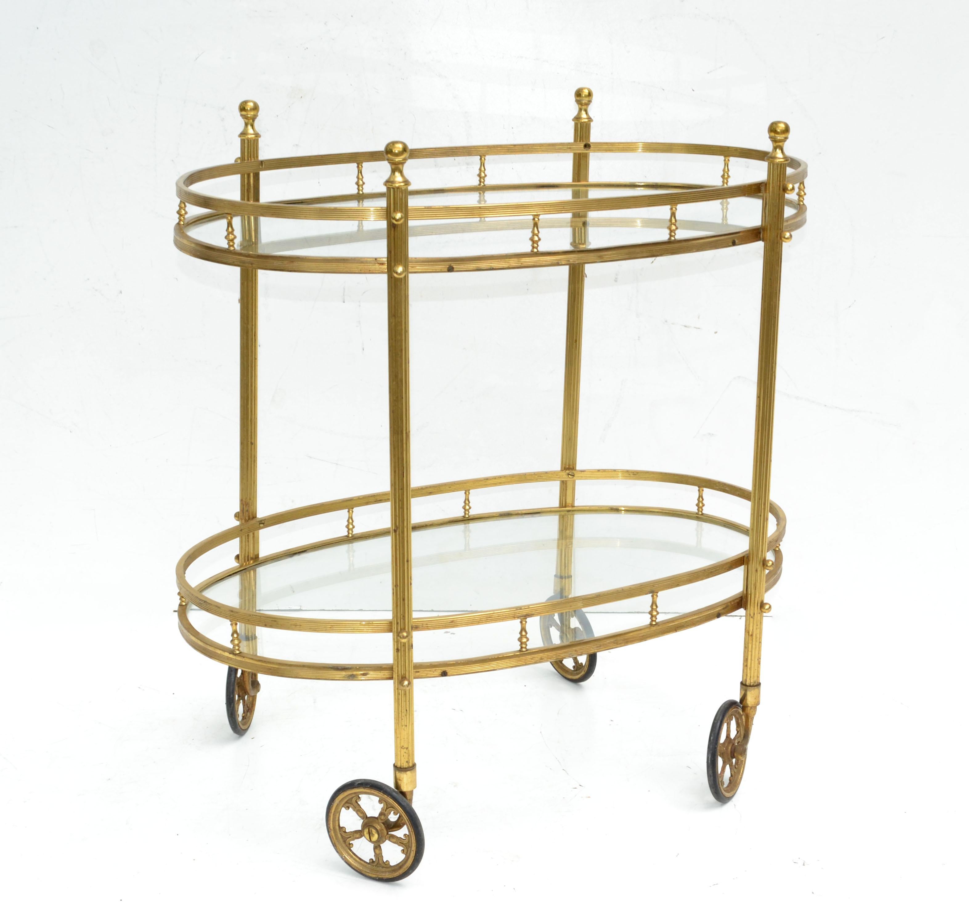 Maison Bagués 2 Tier Oval Brass & Glass Bar Cart Mid-Century Modern France 1950 2