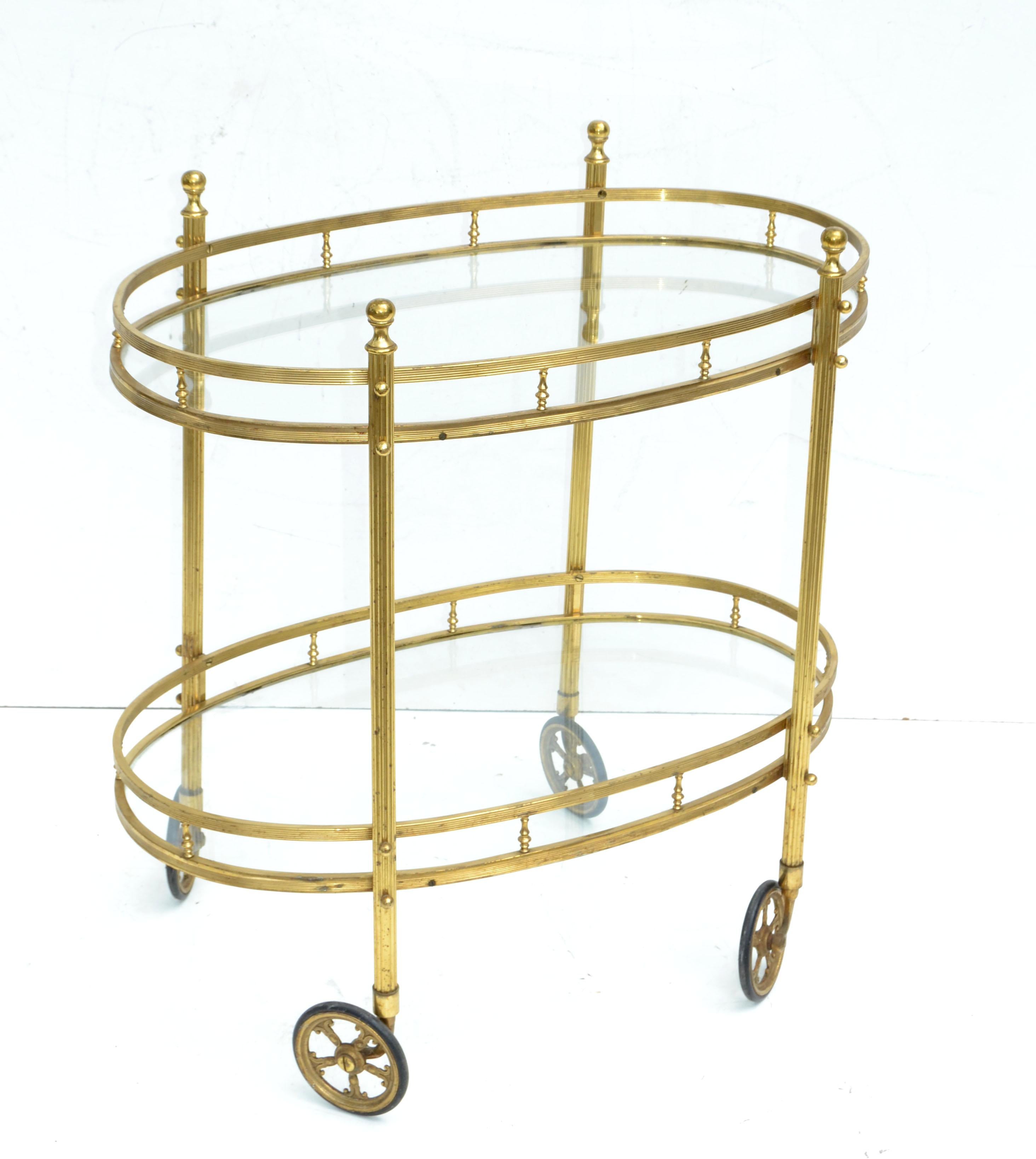 Maison Bagués 2 Tier Oval Brass & Glass Bar Cart Mid-Century Modern France 1950 3