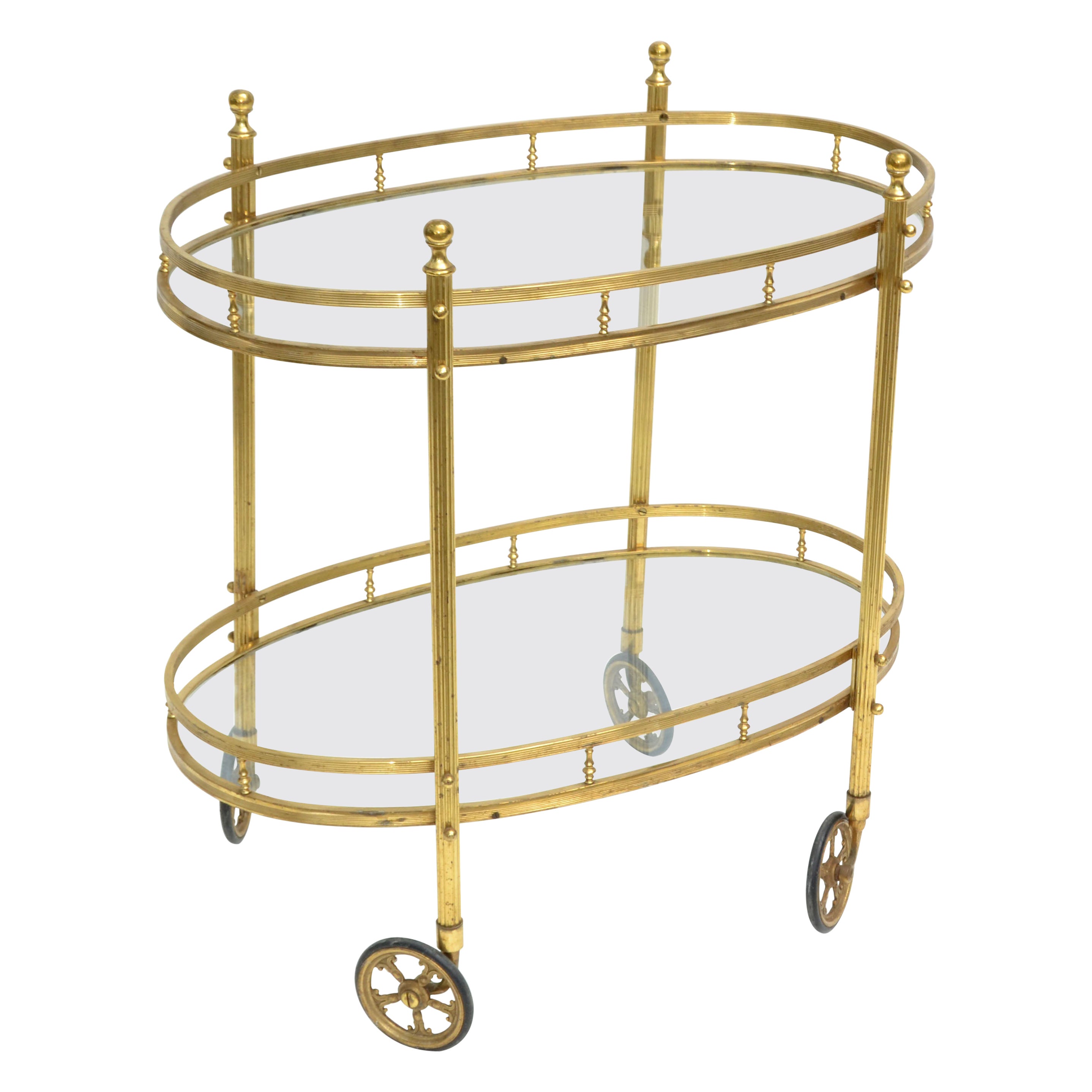 Maison Bagués 2 Tier Oval Brass & Glass Bar Cart Mid-Century Modern France 1950