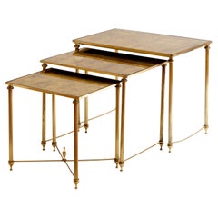 Maison Baguès 20th C. Suite of 3 Gilded Metal Nesting Tables & Eglomised Glass