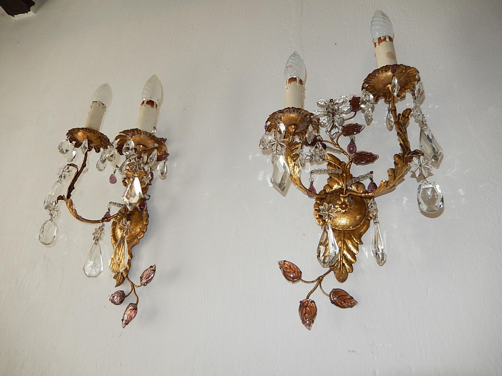 Housing two lights each. Rewired and ready to hang. Gilt metal with clear and amethyst beads. Crystal prisms, flowers and stars. Amethyst leaves and drops. Beading on stem. Free priority shipping from Italy.