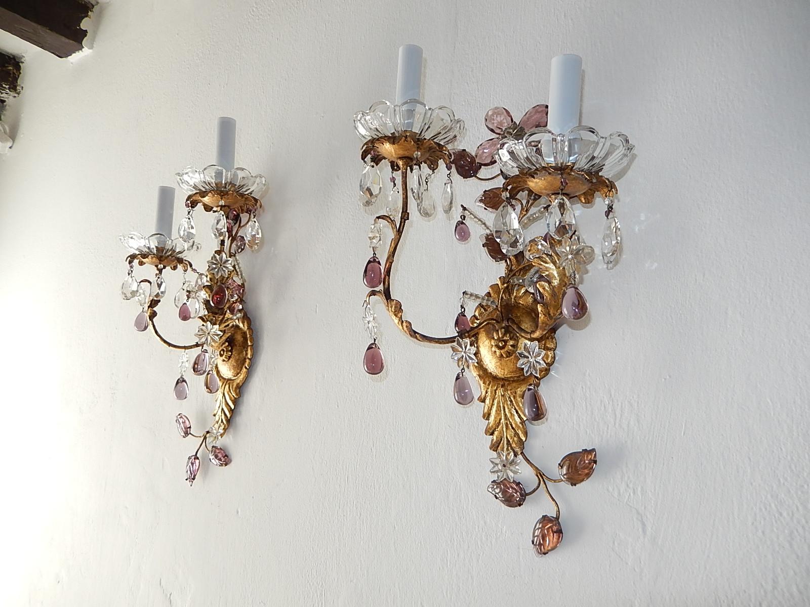 Housing two-light each. Rewired and ready to hang. Big amethyst prism flower on top. Gilt metal with clear and amethyst beads. Crystal prisms, flowers and stars. Amethyst leaves and drops. Beading on stem. Free priority UPS shipping from Italy.