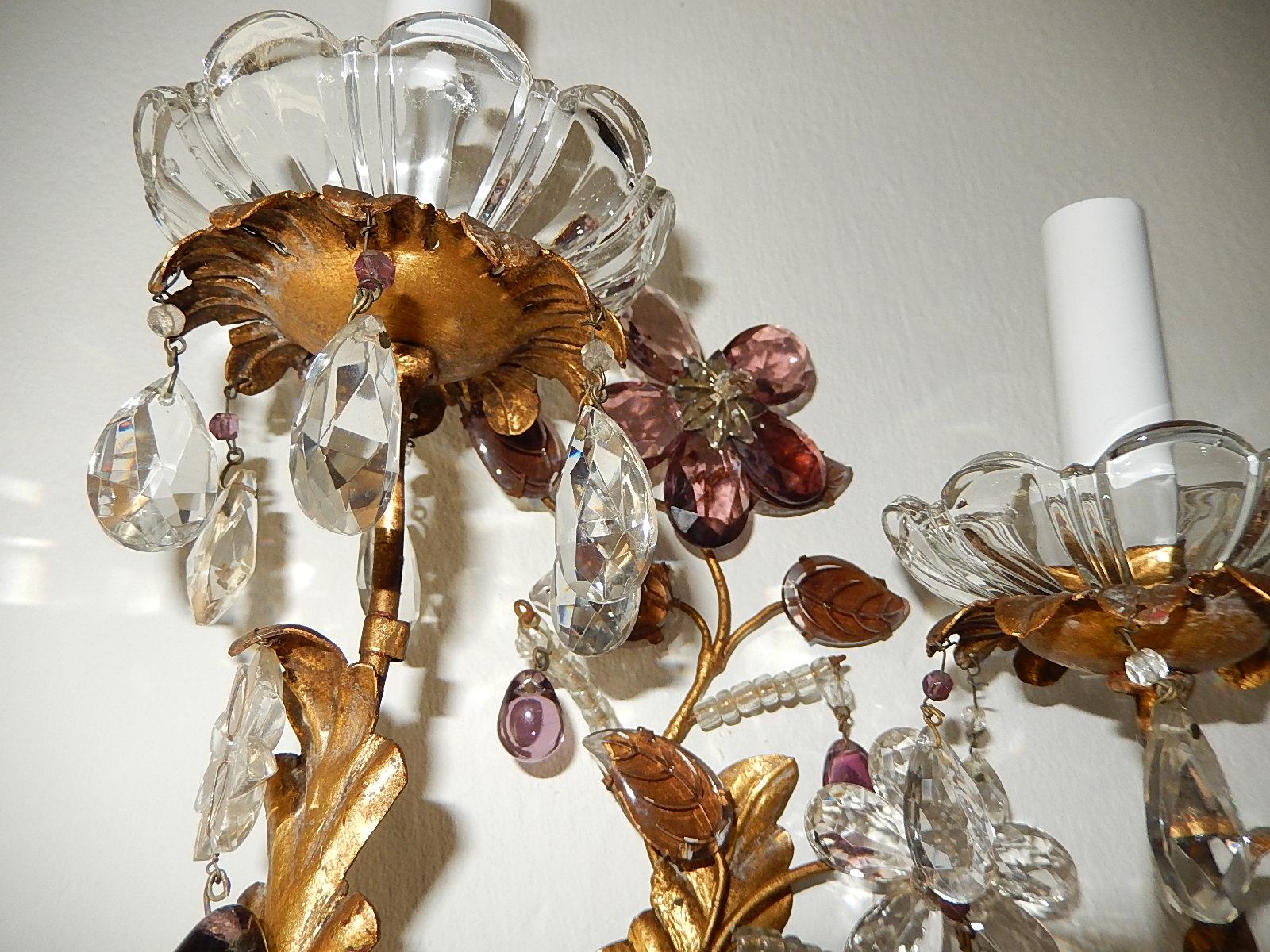Early 20th Century Maison Baguès Amethyst Floral Crystal Sconces, circa 1920 Signed