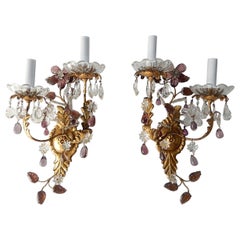 Maison Baguès Amethyst Floral Crystal Sconces, circa 1920 Signed