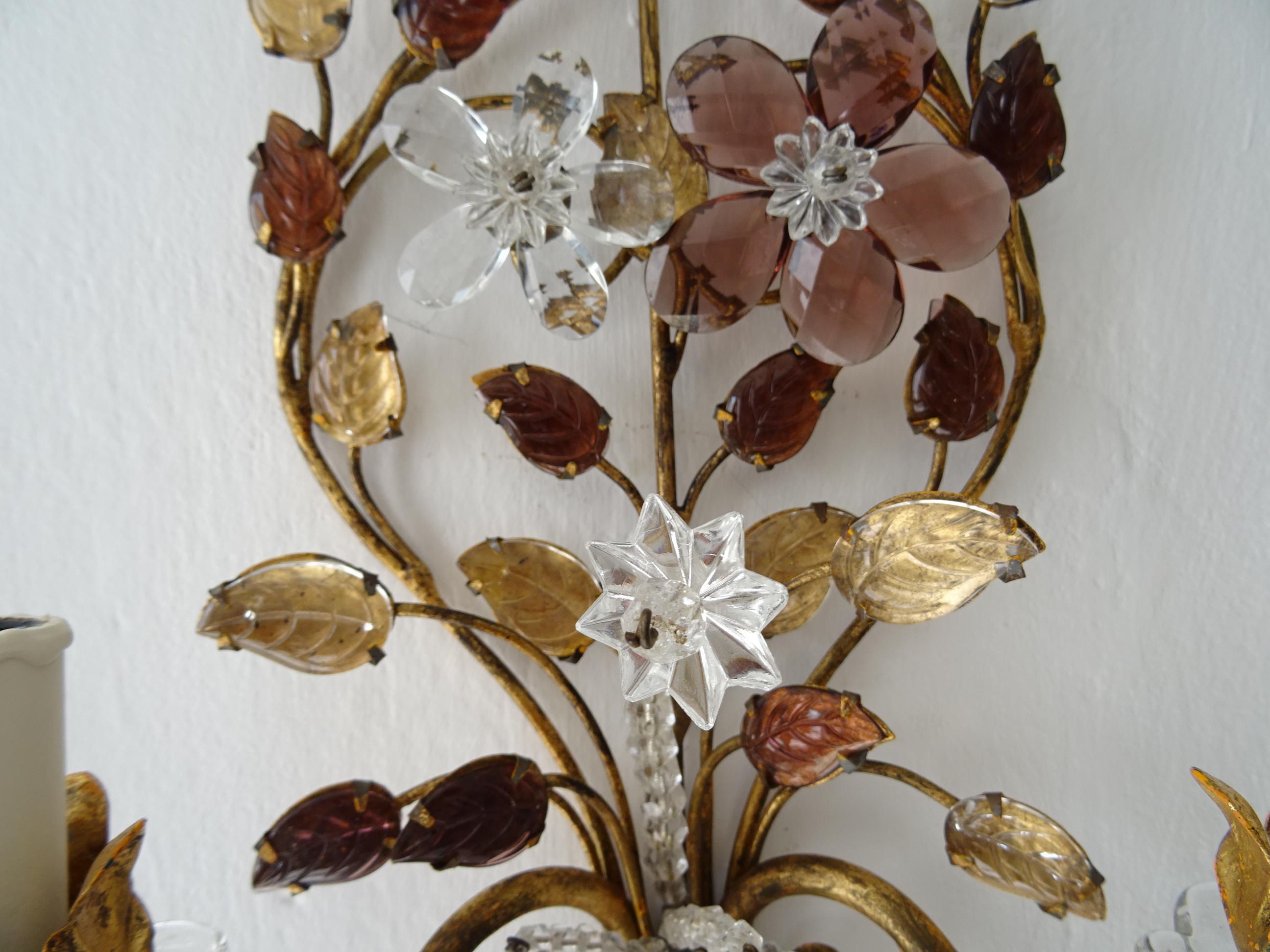 Maison Baguès Amethyst Floral Crystal Sconces, circa 1920 Signed Rare 6
