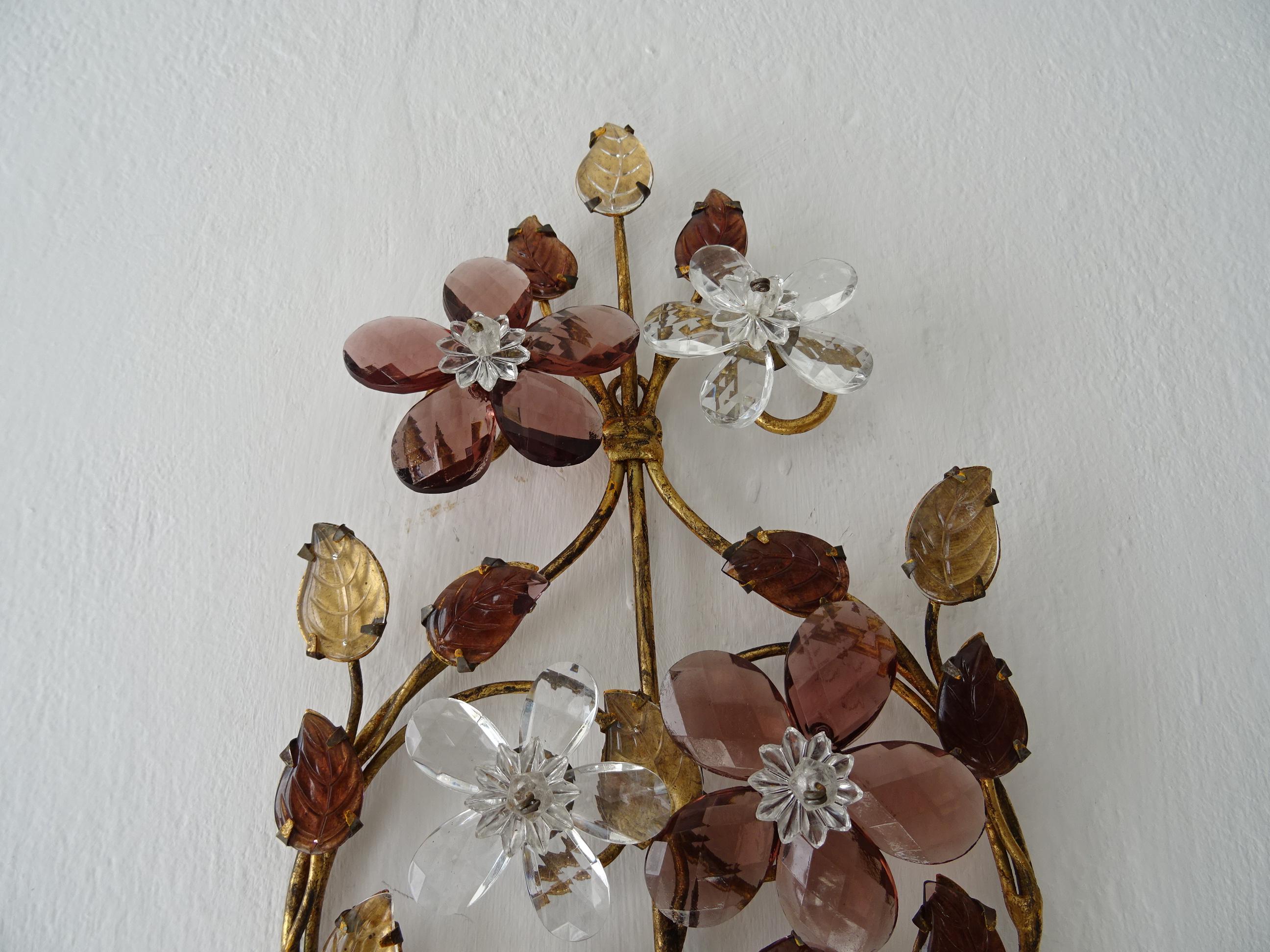 Maison Baguès Amethyst Floral Crystal Sconces, circa 1920 Signed Rare 7
