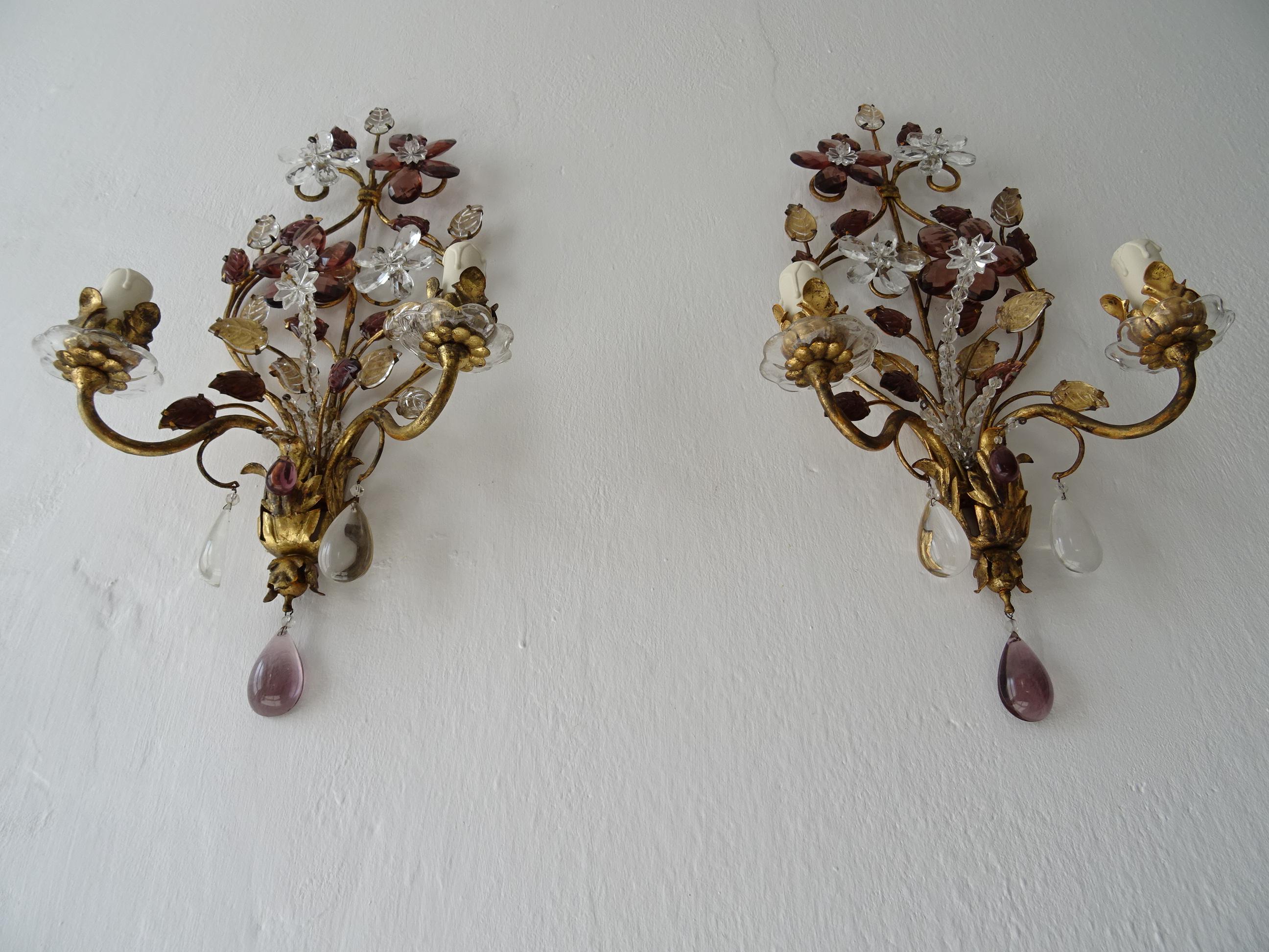 Housing 2-light each. Will be newly rewired with certified US UL sockets for the USA and appropriate sockets for all other countries and ready to hang. Great patina on metal with amethyst leaves. Two rare cups on each with flowers in clear and