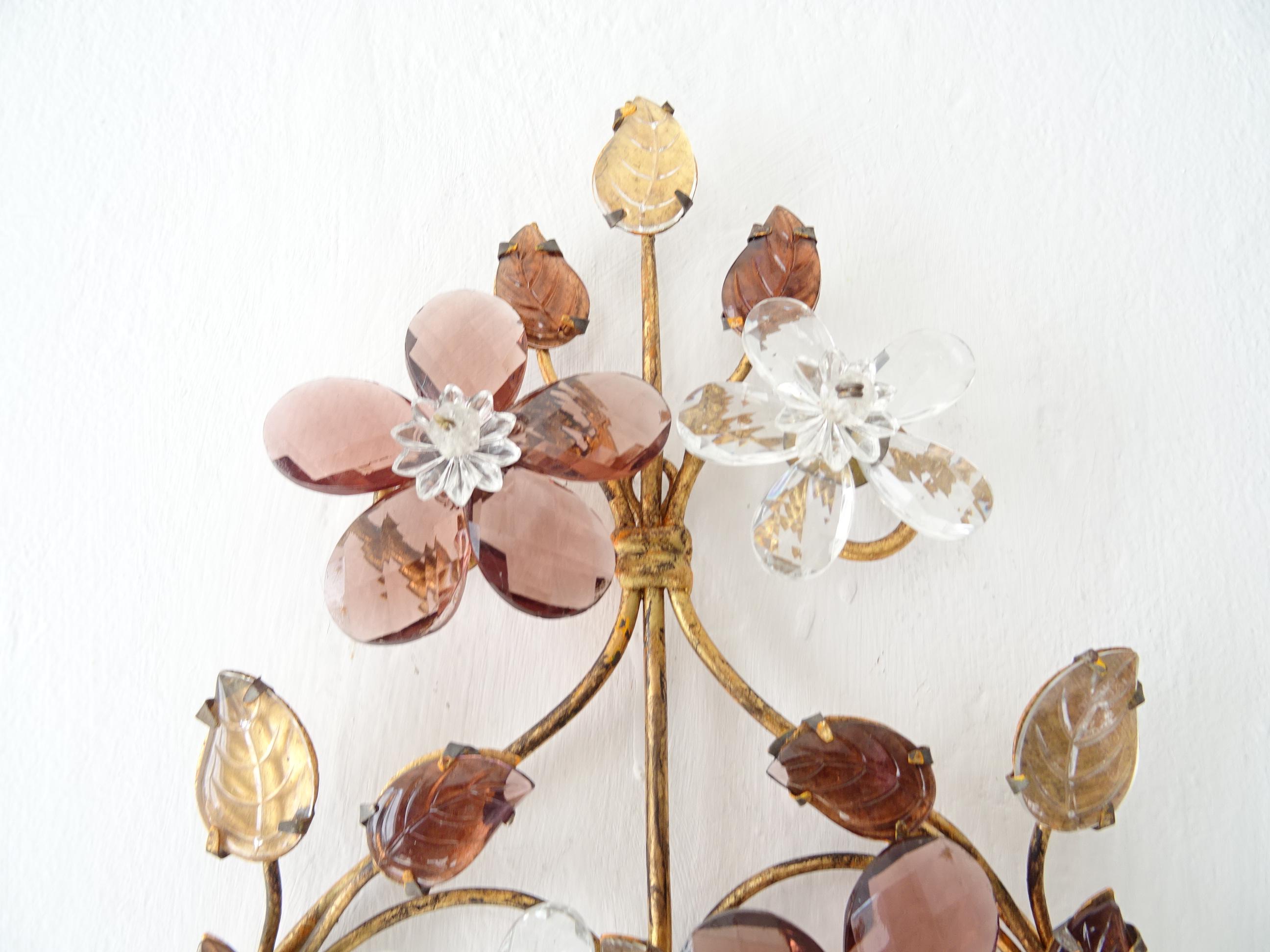 Early 20th Century Maison Baguès Amethyst Floral Crystal Sconces, circa 1920 Signed Rare