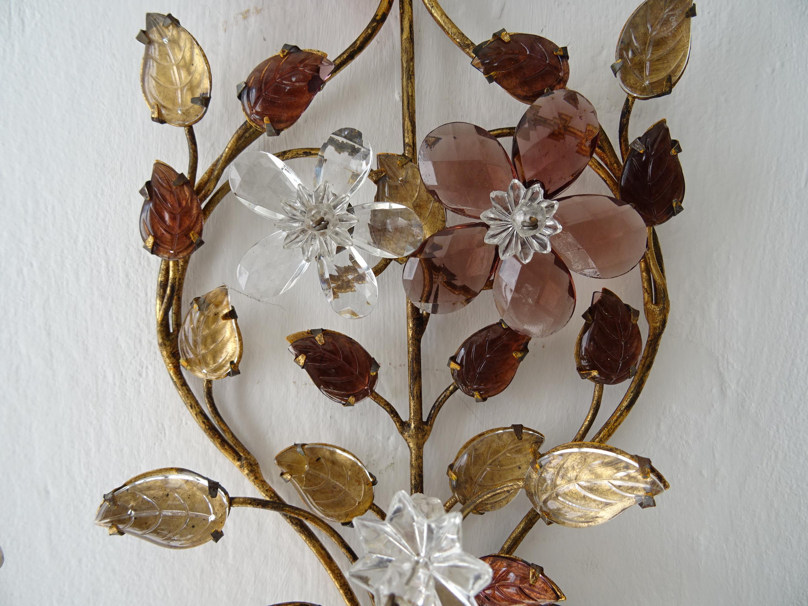 Maison Baguès Amethyst Floral Crystal Sconces, circa 1920 Signed Rare 1