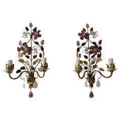 Maison Baguès Amethyst Floral Crystal Sconces, circa 1920 Signed Rare