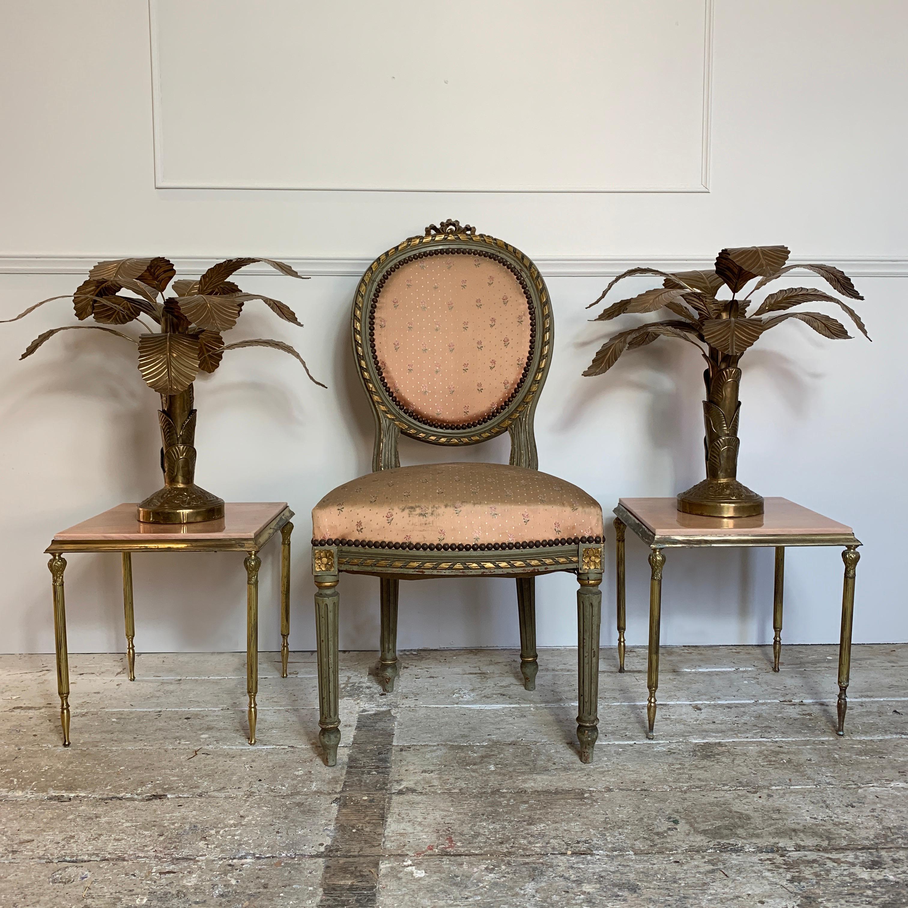 A pair of mid century brass and marble side tables
Attributed To Maison Baguès
France
1940s-1960s
The marble is pink aurora /Estremoz Portuguese marble, it is a rose pink with soft green/grey veins and very beautiful, a rare colour for marble table