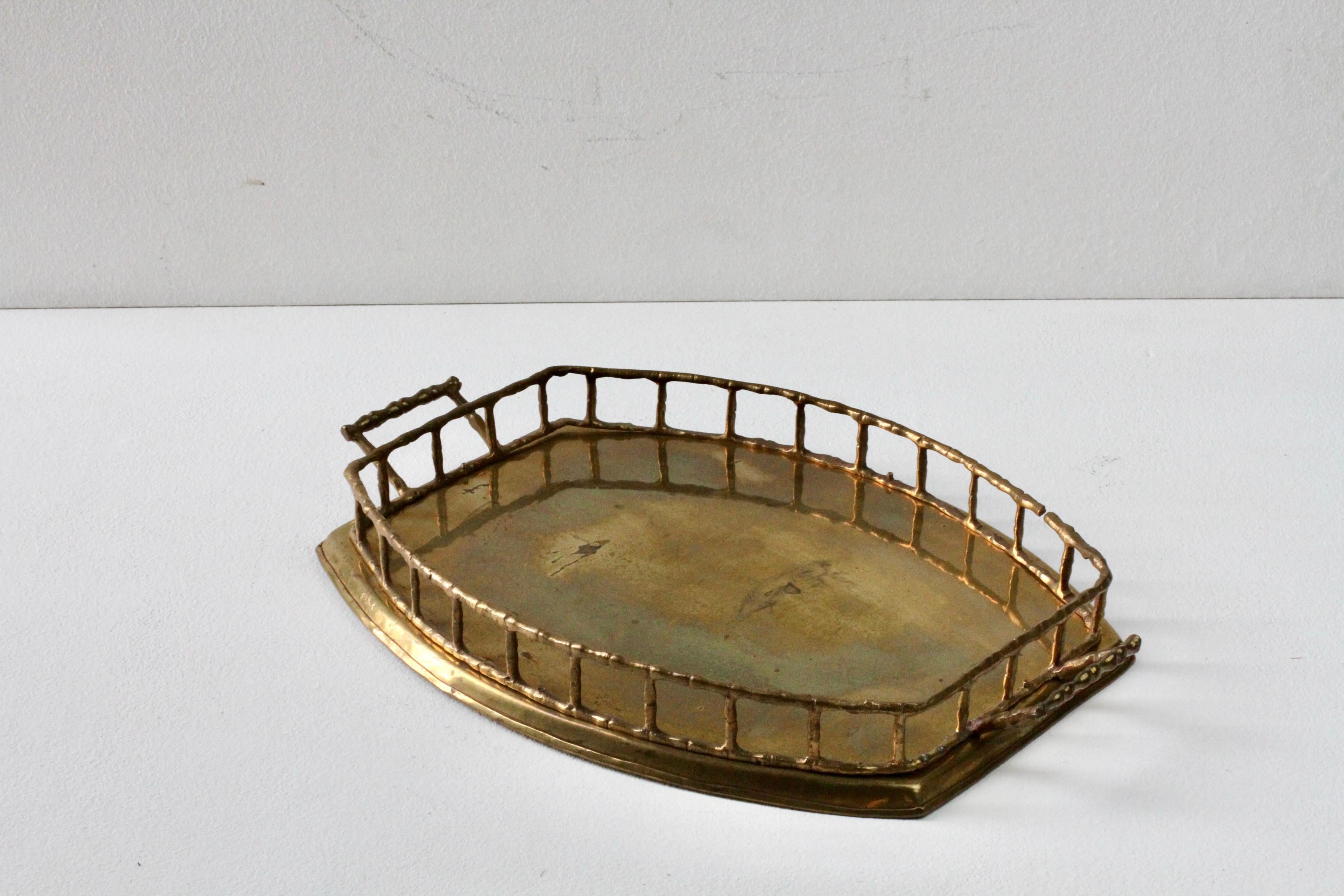 Maison Baguès Attr. Cast Brass Faux Bamboo Handled Serving Drinks Tray 1950s 4