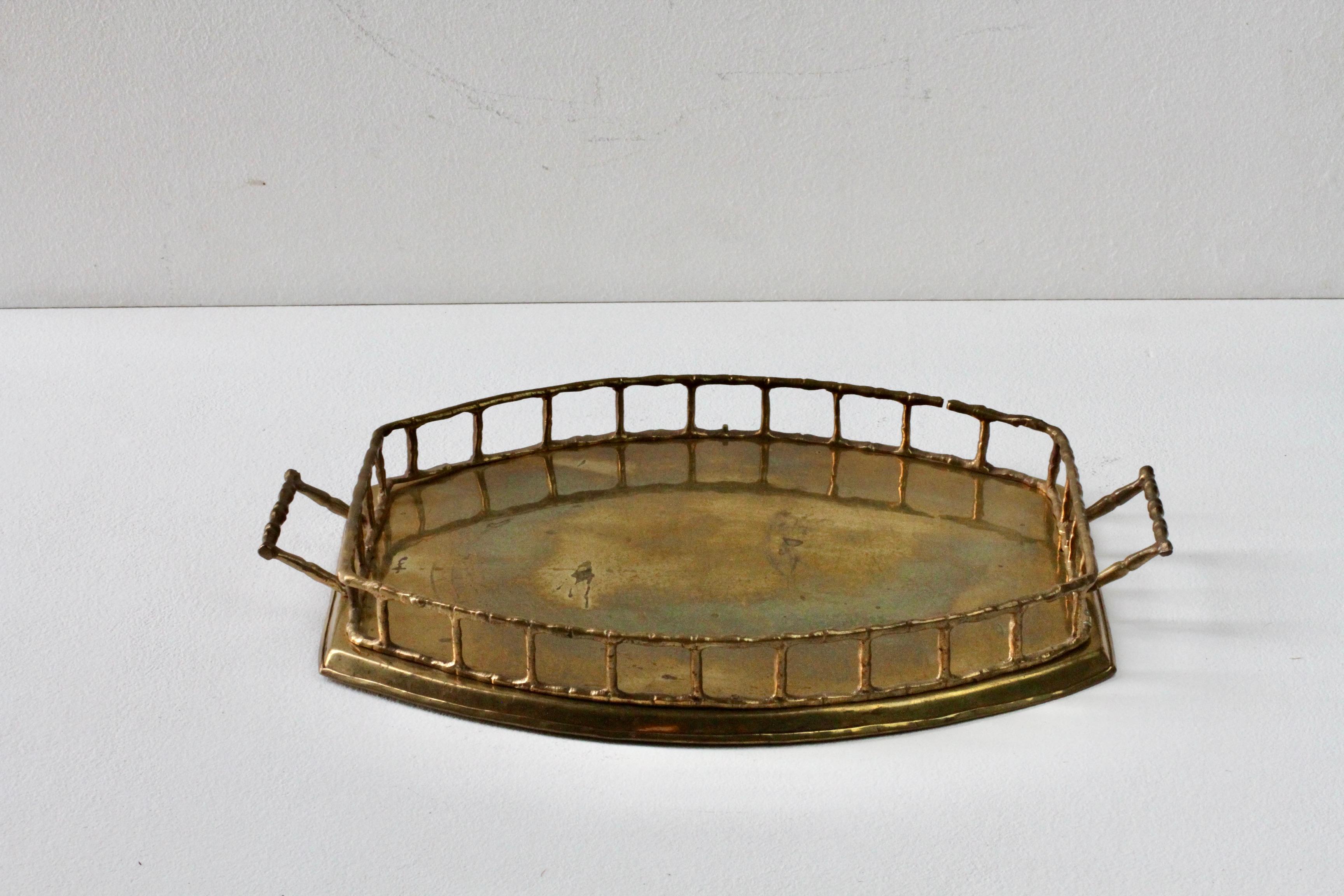 Maison Baguès Attr. Cast Brass Faux Bamboo Handled Serving Drinks Tray 1950s 5