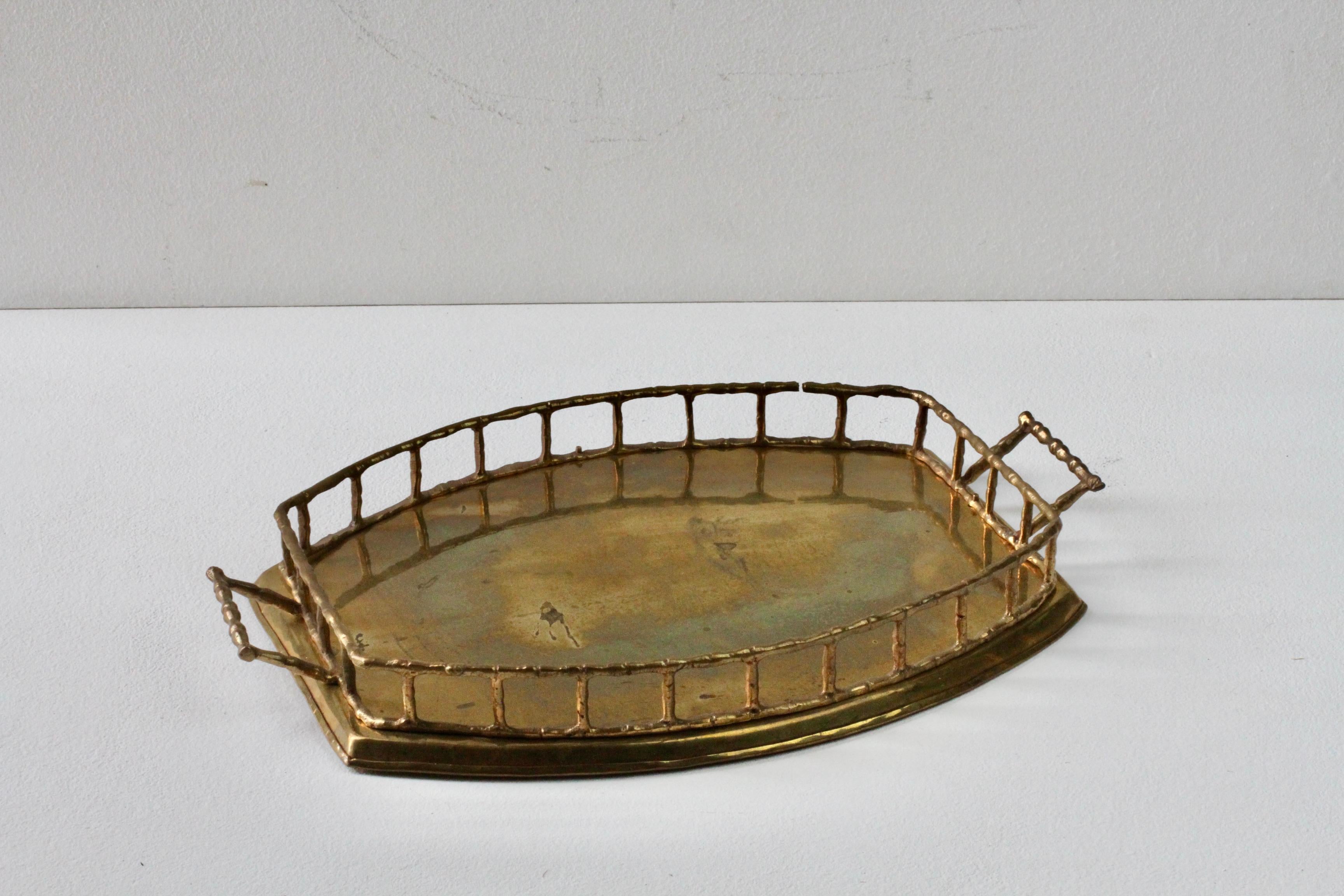 Maison Baguès Attr. Cast Brass Faux Bamboo Handled Serving Drinks Tray 1950s 6