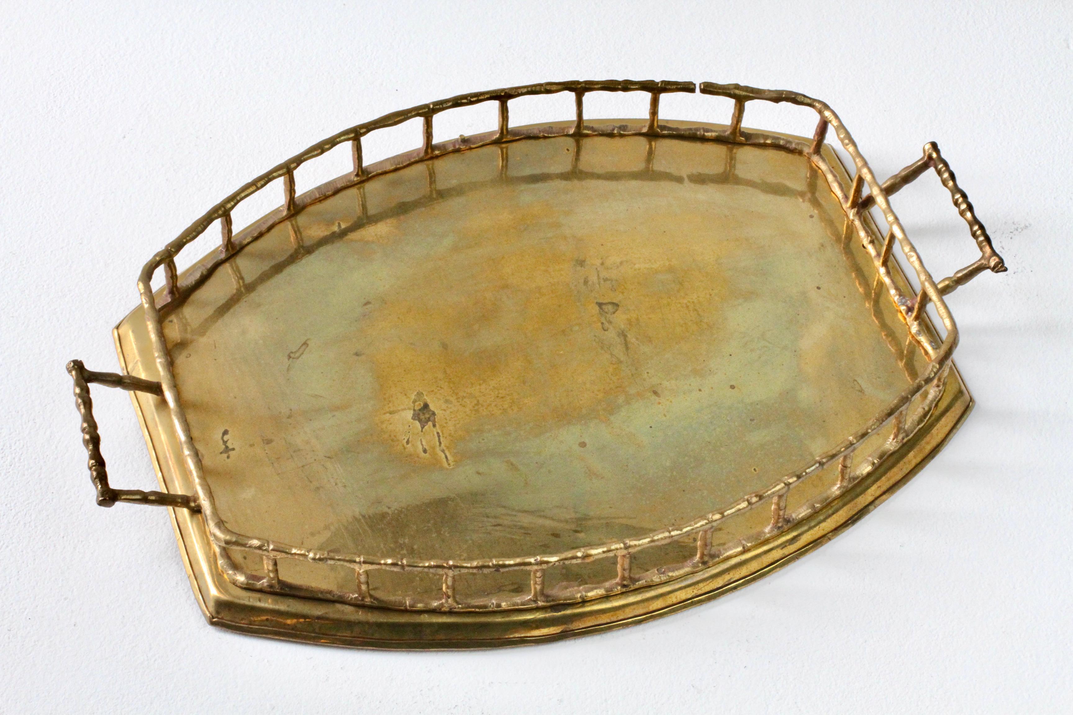 Maison Baguès Attr. Cast Brass Faux Bamboo Handled Serving Drinks Tray 1950s 8