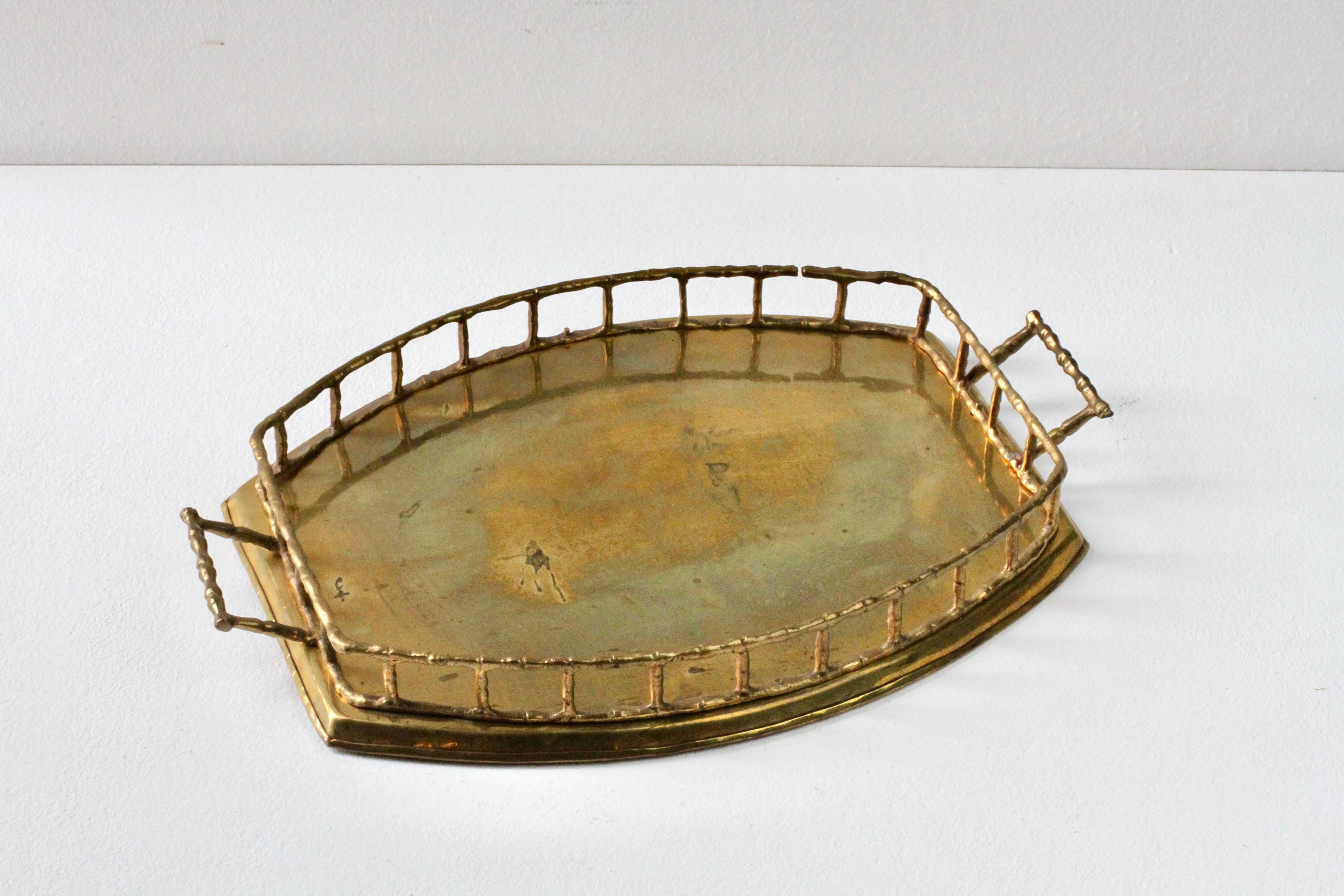 Maison Baguès Attr. Cast Brass Faux Bamboo Handled Serving Drinks Tray 1950s 9
