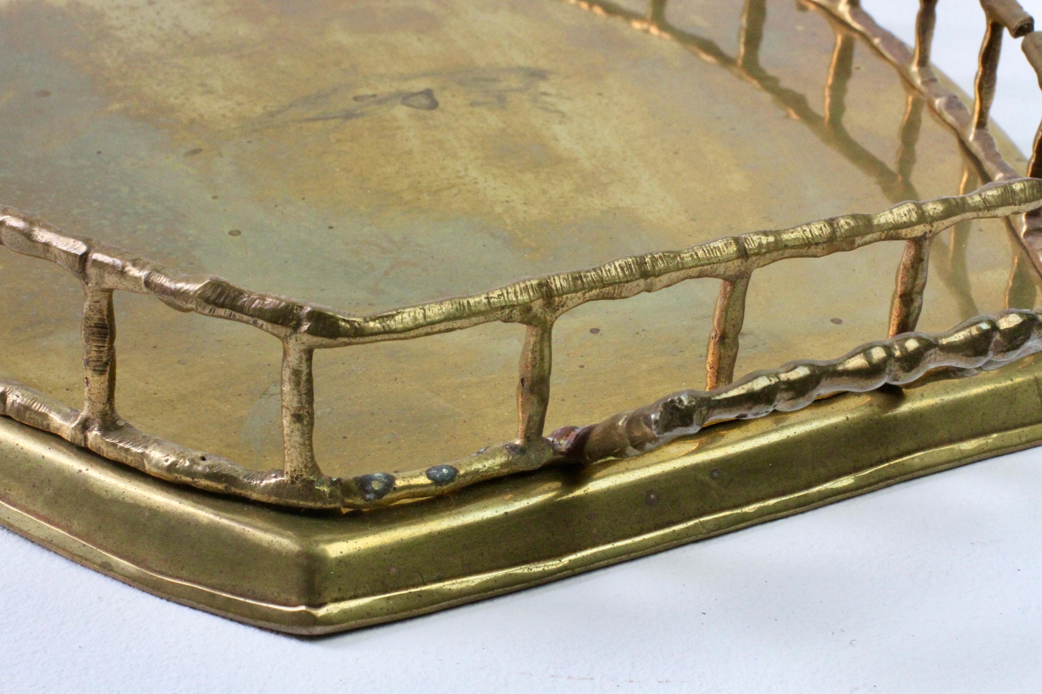 Maison Baguès Attr. Cast Brass Faux Bamboo Handled Serving Drinks Tray 1950s 10