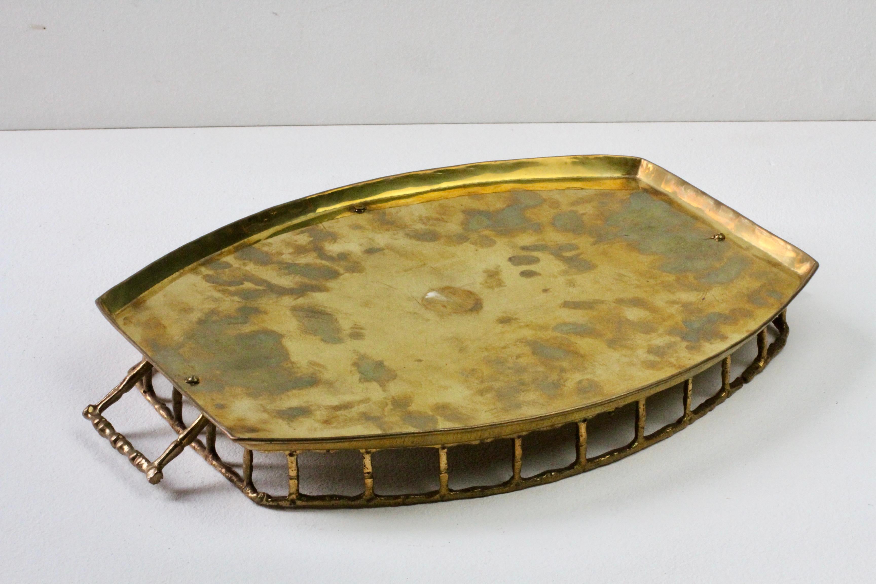Maison Baguès Attr. Cast Brass Faux Bamboo Handled Serving Drinks Tray 1950s 11
