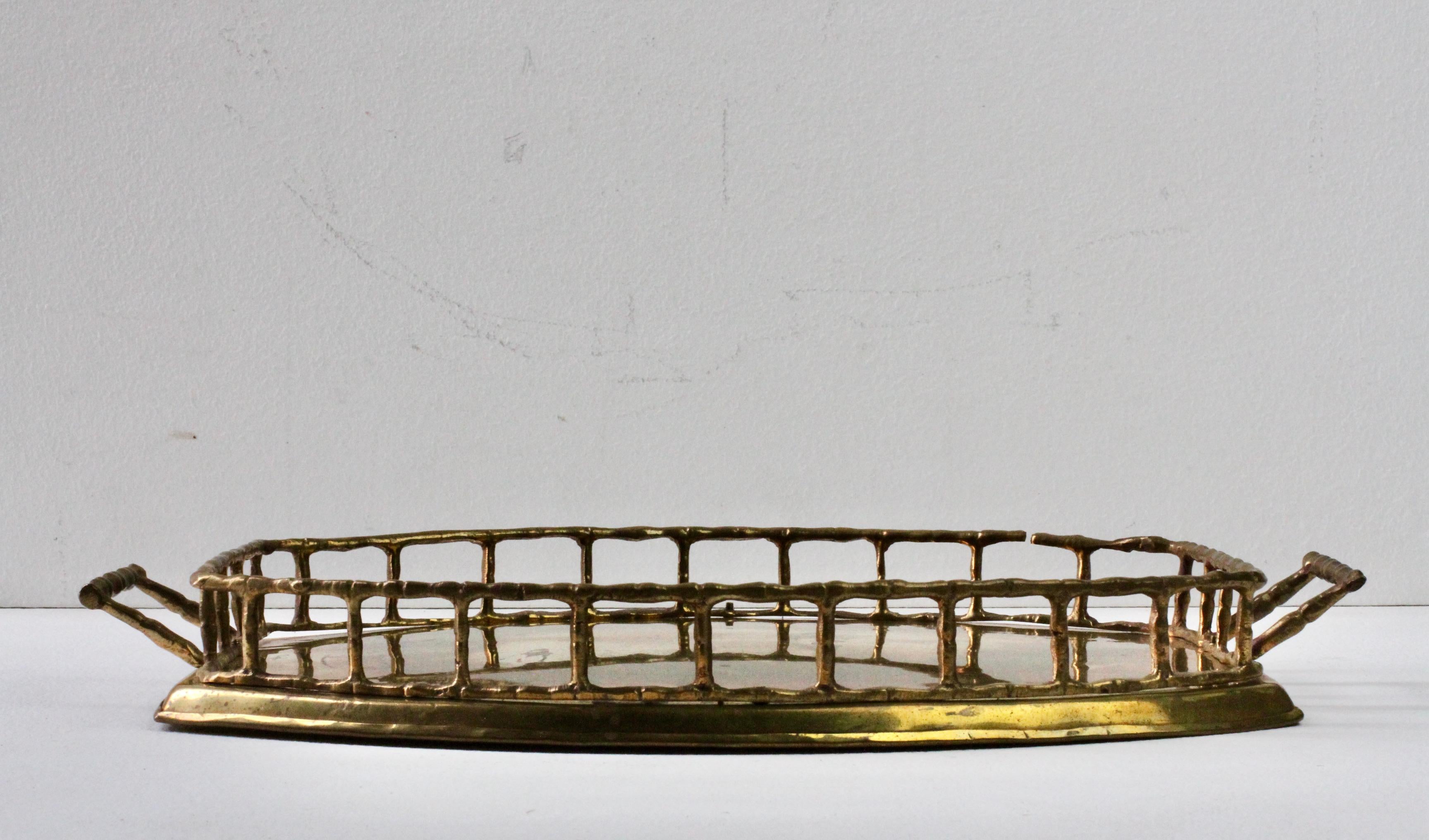 Maison Baguès Attr. Cast Brass Faux Bamboo Handled Serving Drinks Tray 1950s 12