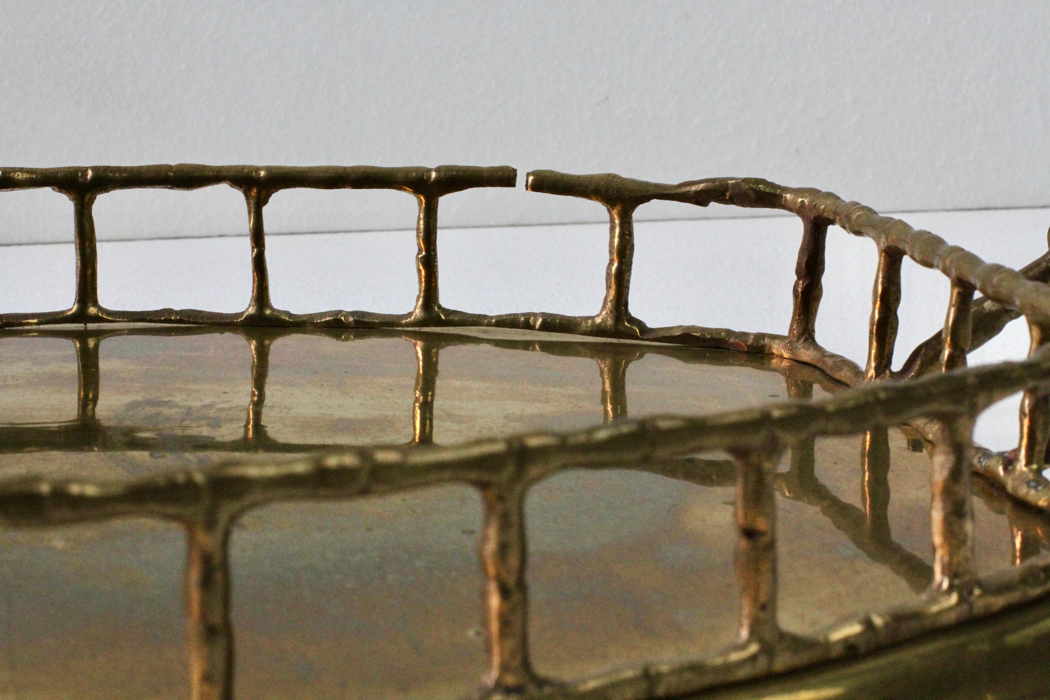 Maison Baguès Attr. Cast Brass Faux Bamboo Handled Serving Drinks Tray 1950s 13