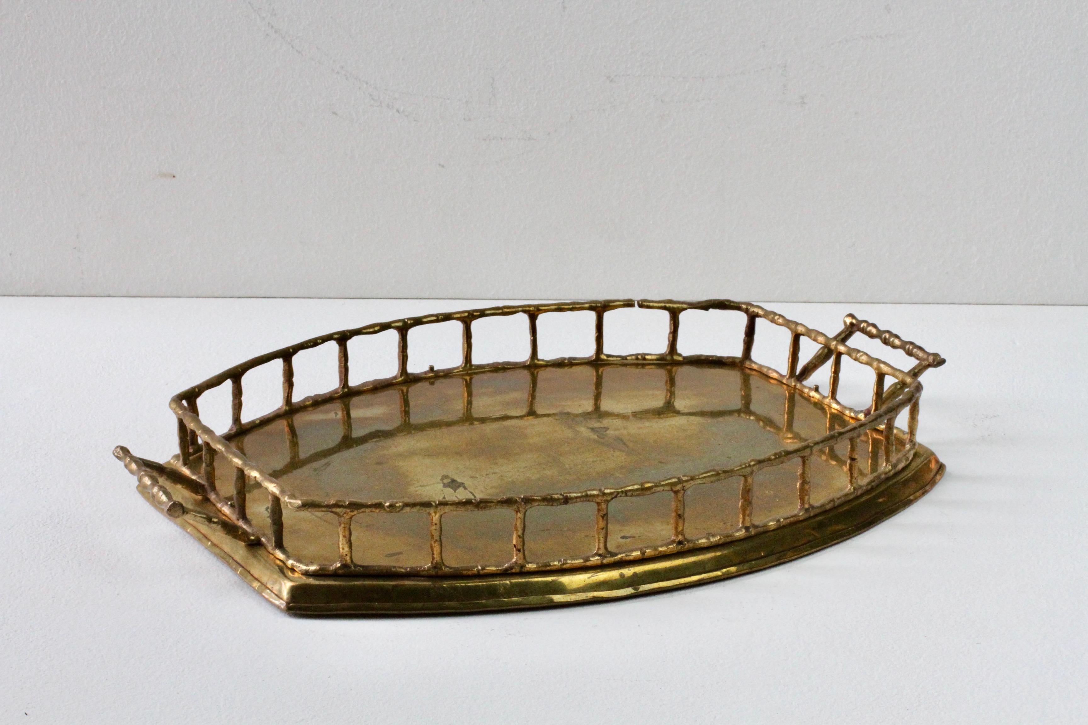 Mid-Century Modern Maison Baguès Attr. Cast Brass Faux Bamboo Handled Serving Drinks Tray 1950s