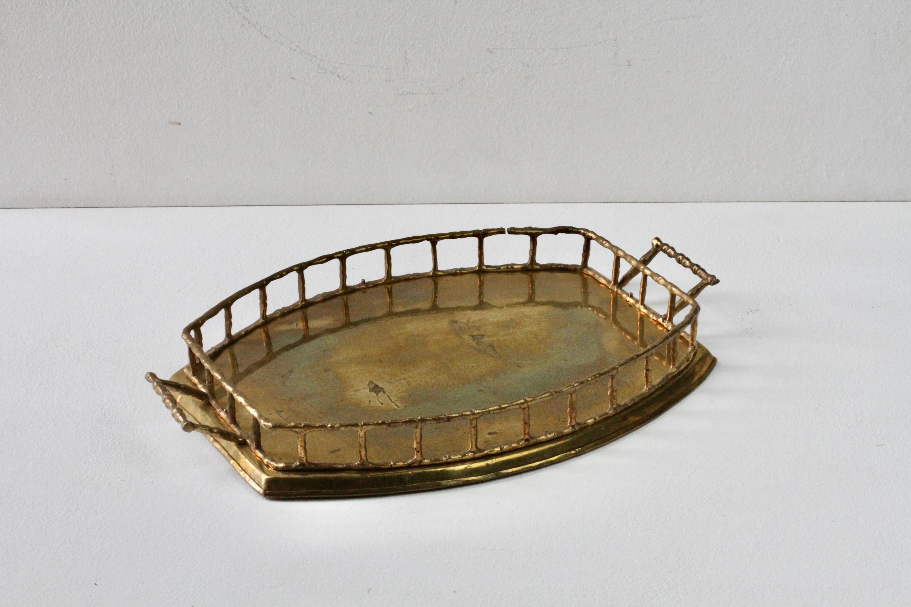 French Maison Baguès Attr. Cast Brass Faux Bamboo Handled Serving Drinks Tray 1950s