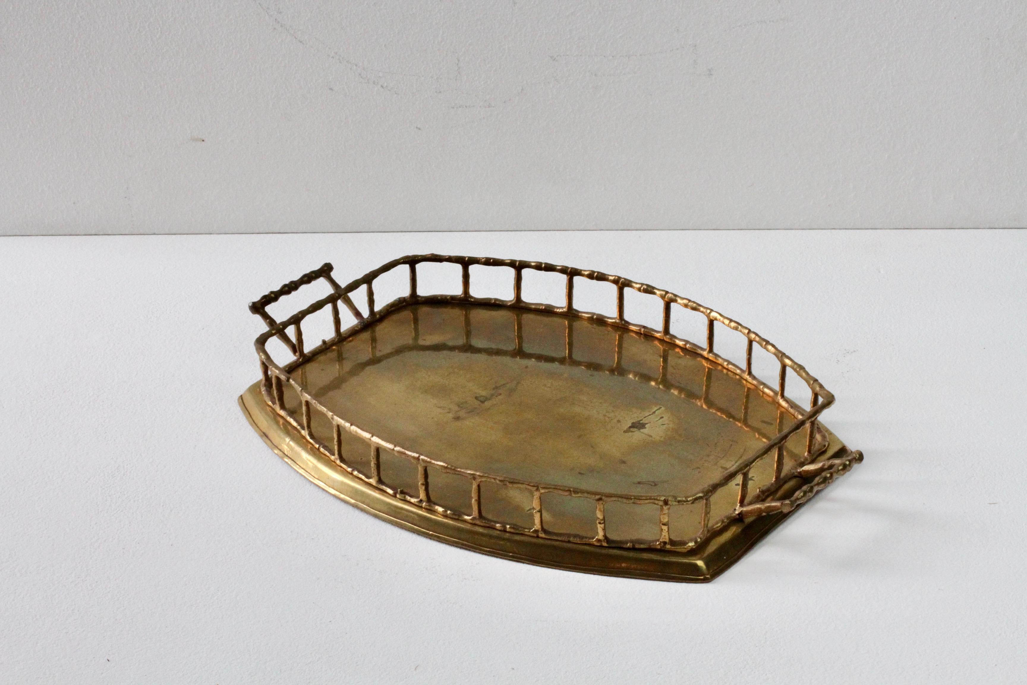 20th Century Maison Baguès Attr. Cast Brass Faux Bamboo Handled Serving Drinks Tray 1950s