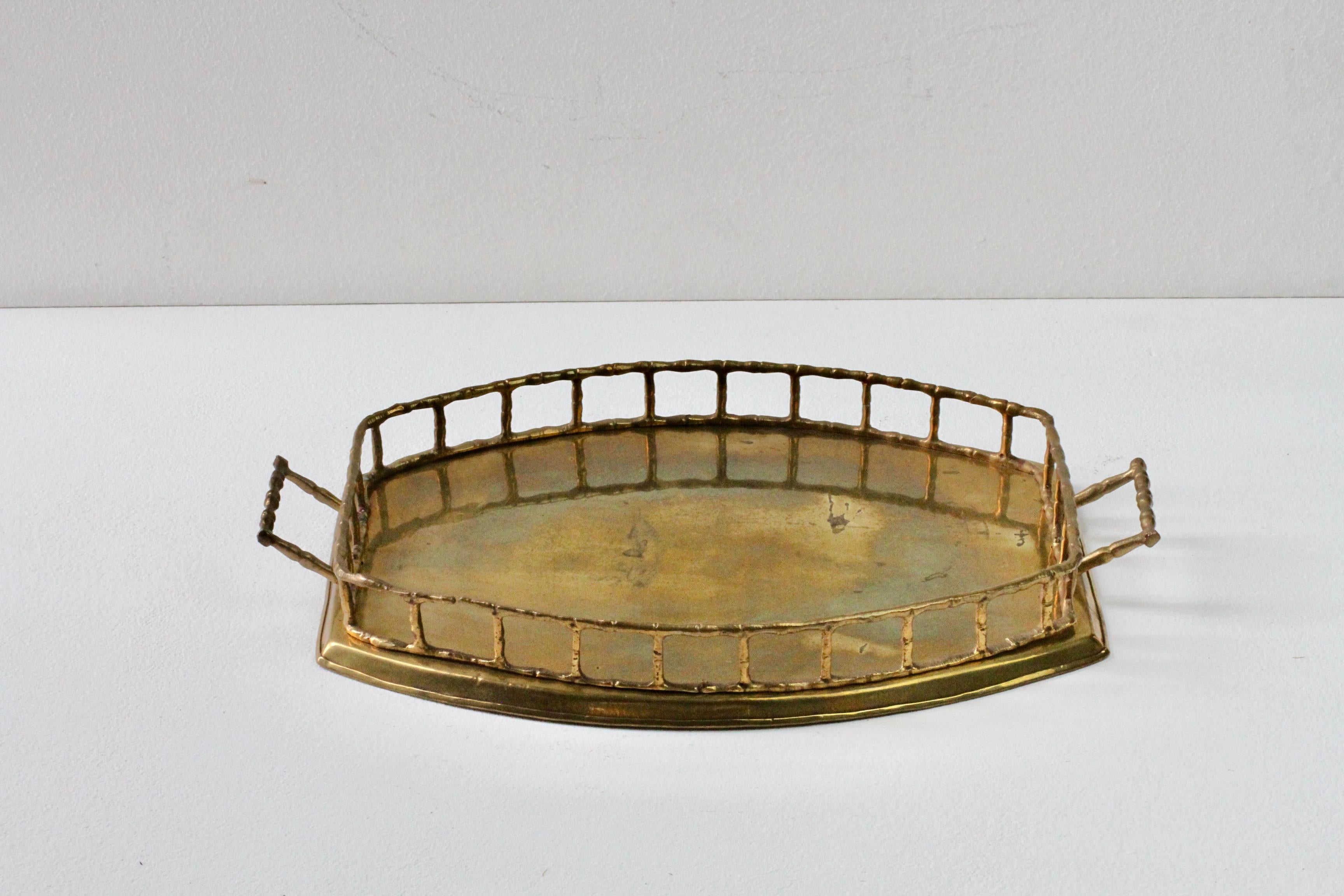 Maison Baguès Attr. Cast Brass Faux Bamboo Handled Serving Drinks Tray 1950s 1