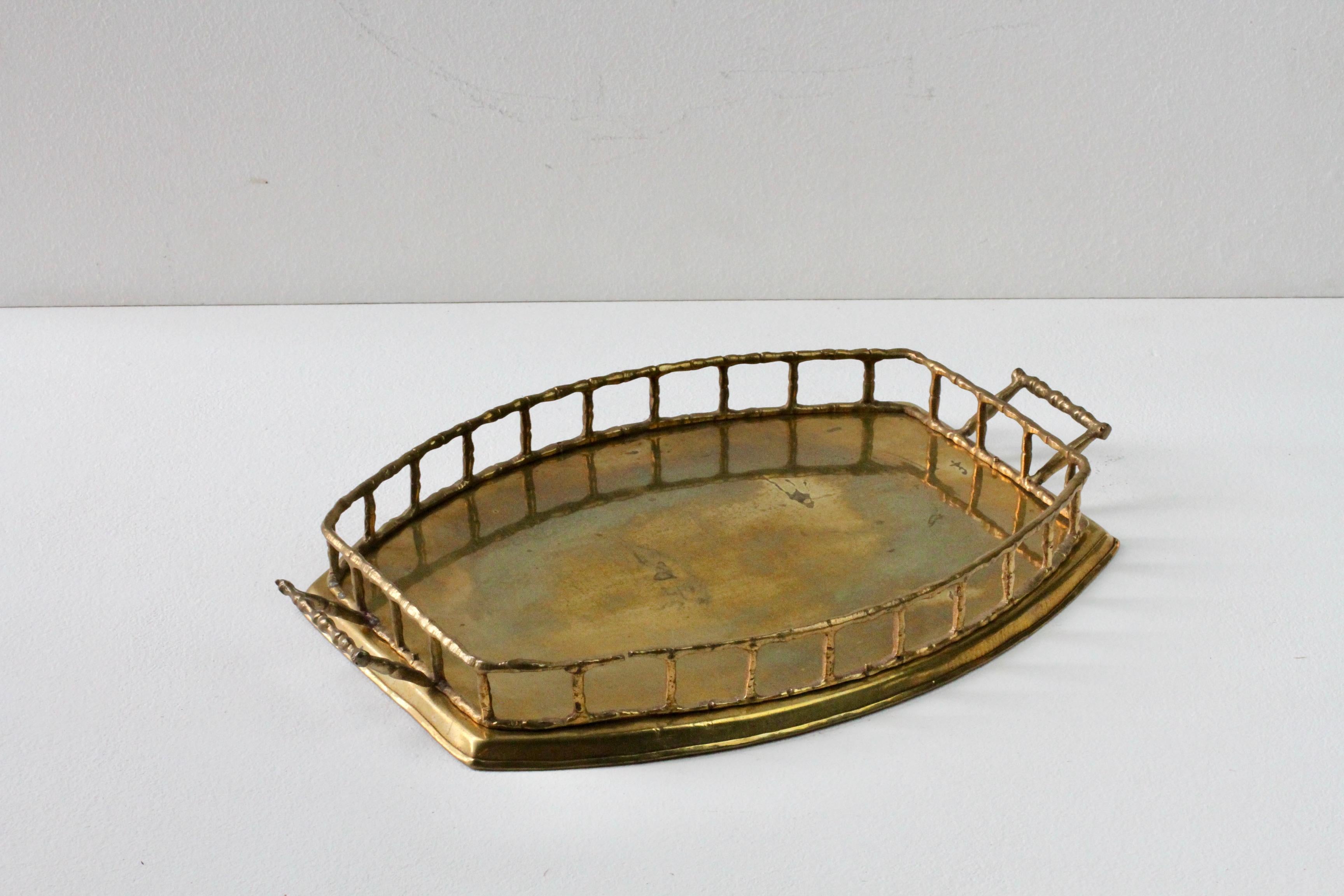 Maison Baguès Attr. Cast Brass Faux Bamboo Handled Serving Drinks Tray 1950s 2