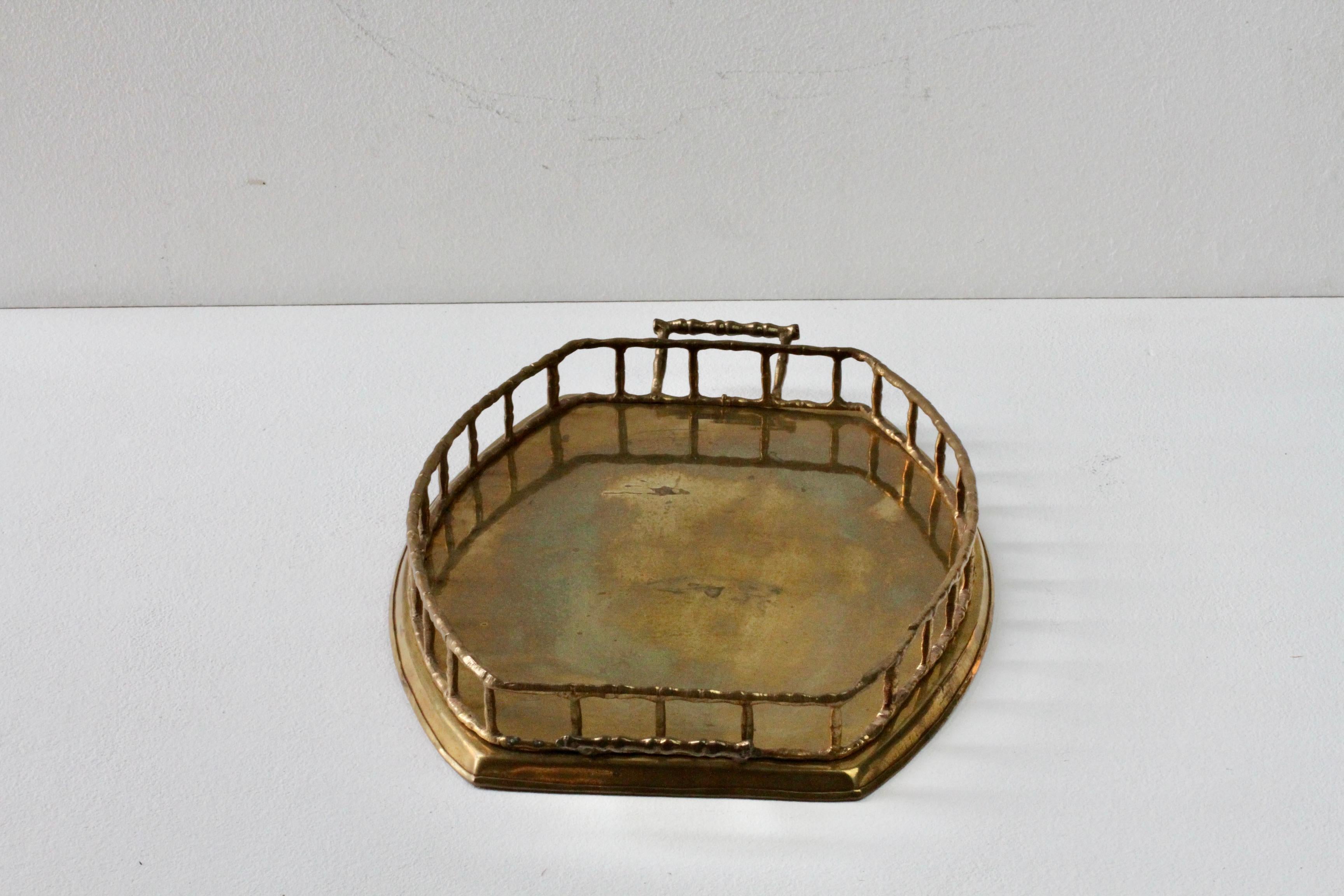 Maison Baguès Attr. Cast Brass Faux Bamboo Handled Serving Drinks Tray 1950s 3