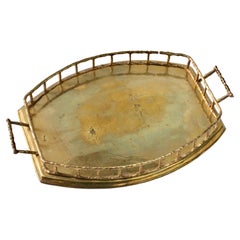 Maison Baguès Attr. Cast Brass Faux Bamboo Handled Serving Drinks Tray 1950s