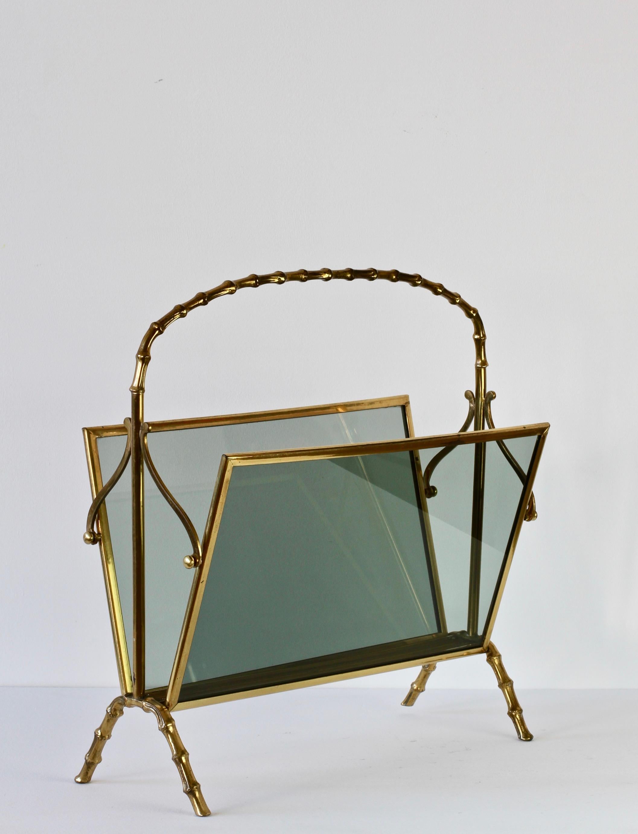 Mid-Century Modern Maison Baguès Attributed Cast Brass Faux Bamboo Magazine Rack or Newspaper Stand For Sale